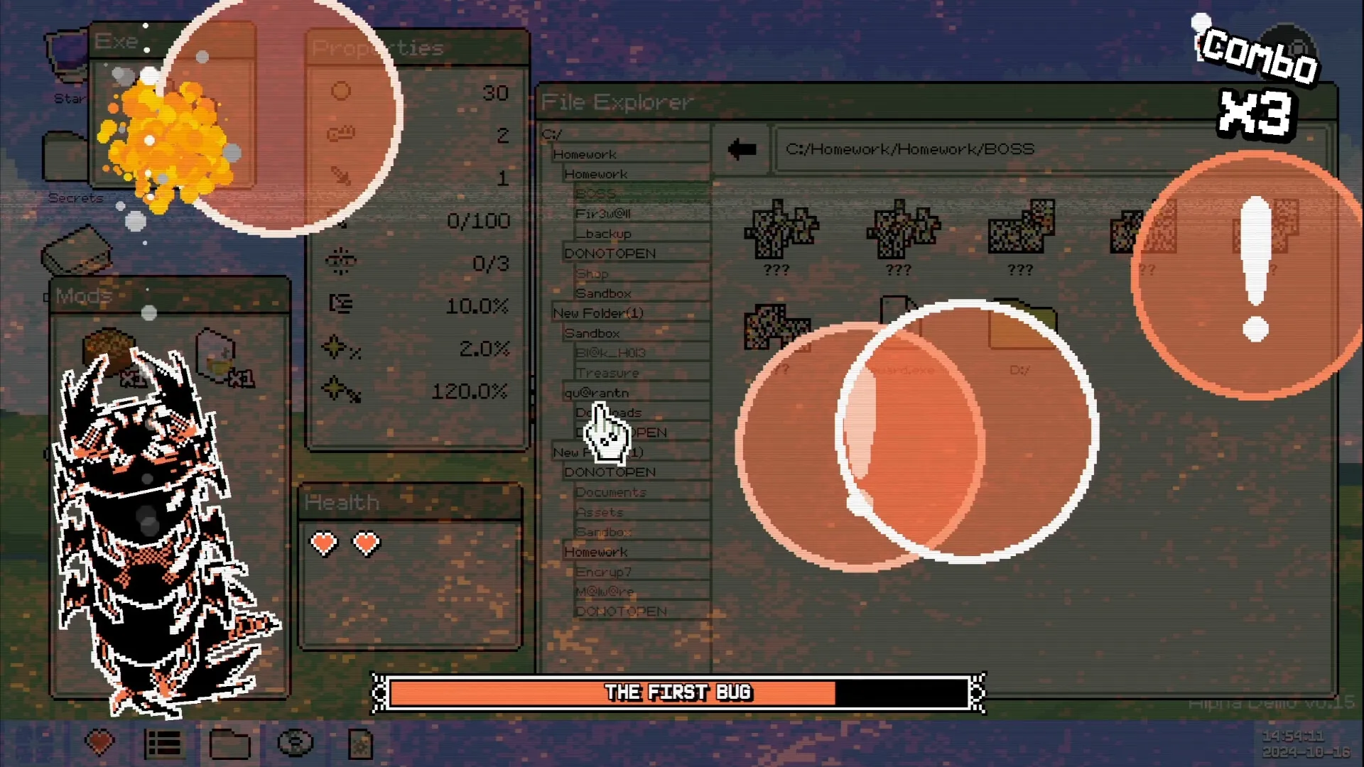 Identifile: File Explorer view with cursor, health bar, and enemy virus encircled in combat mode