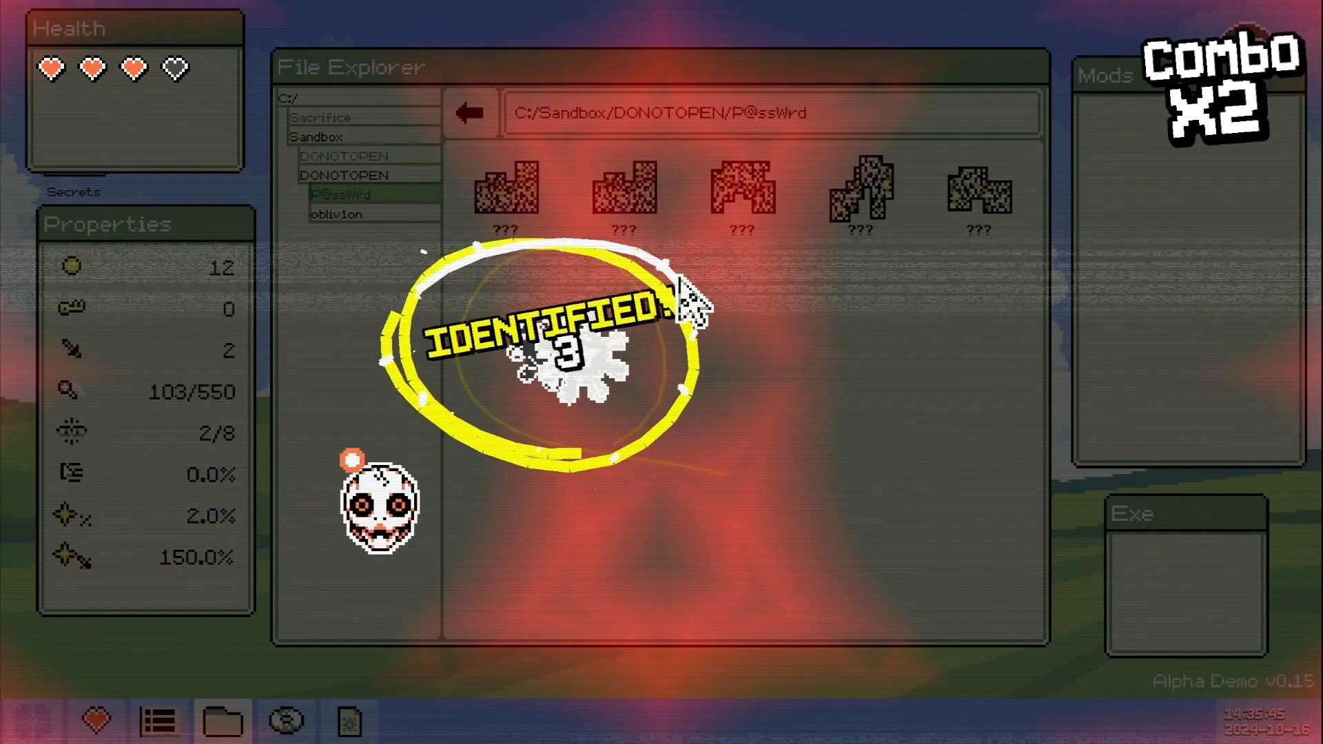 Identifile: Cursor encircles an enemy in file explorer with health and properties displayed on screen.