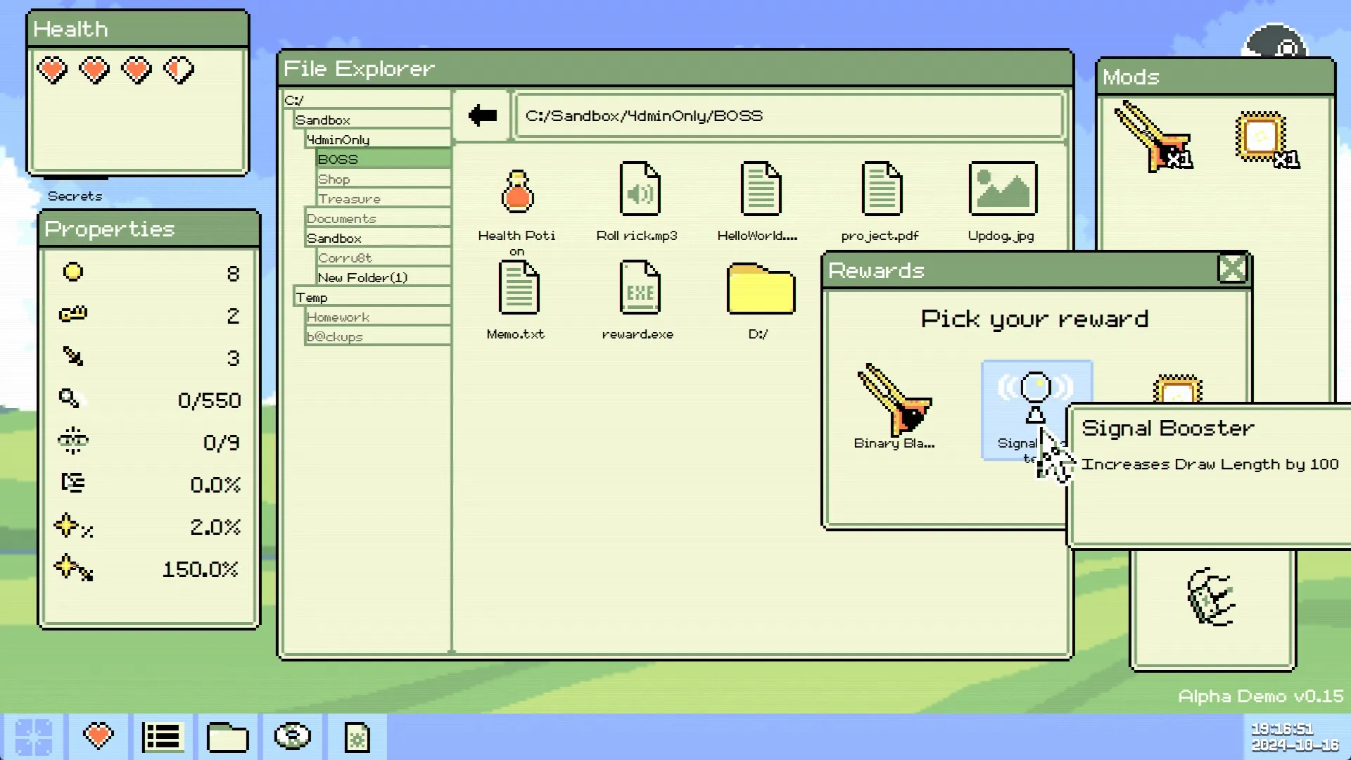Identifile: File Explorer interface with reward selection and health, properties, and mods panels visible