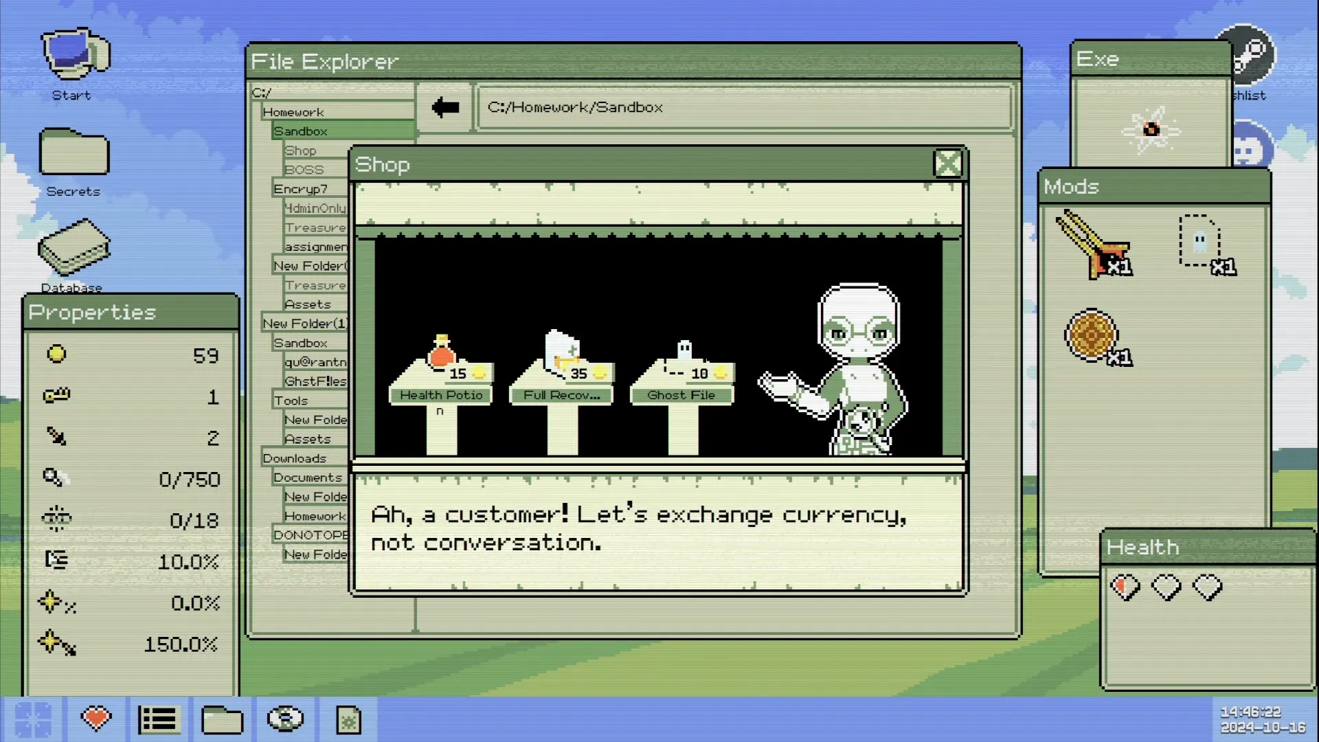 Identifile: Shop interface with items for sale and robotic NPC in computer-themed dungeon setting