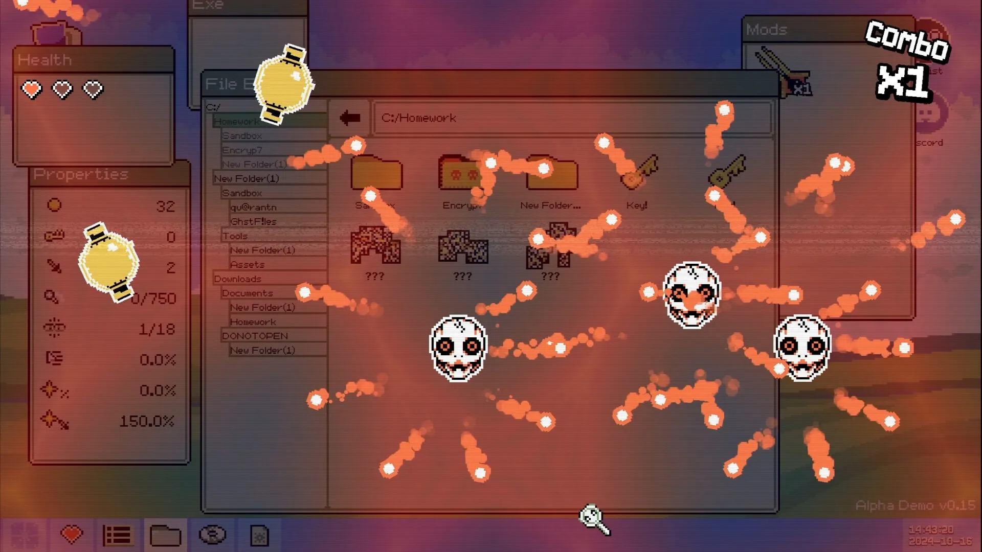 Identifile: Virus face enemies attack amidst file folder dungeon with health and combo displays