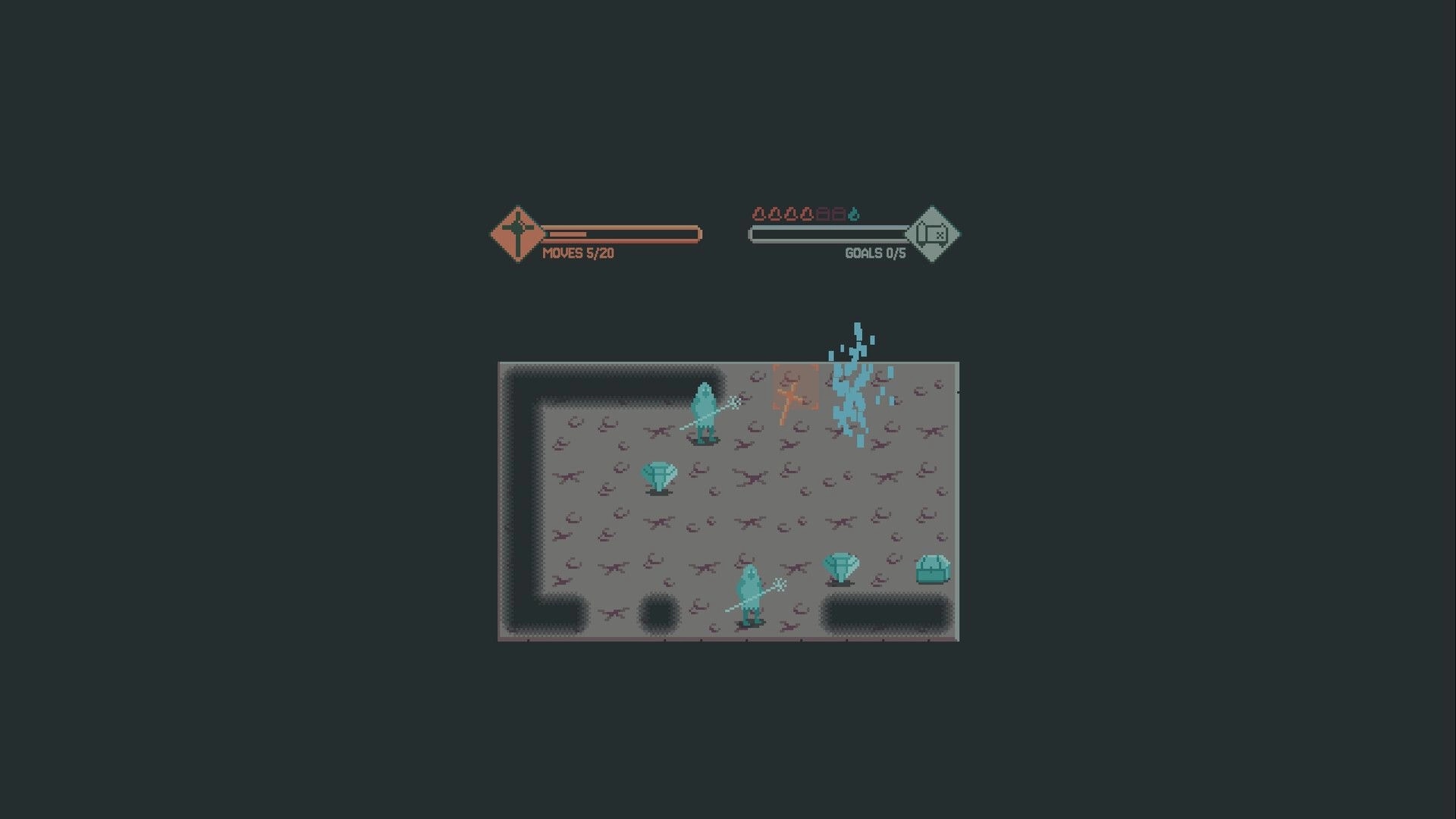 Idle Chapel: Two characters explore dungeon room with debris and blue energy, HUD displays moves and goals.