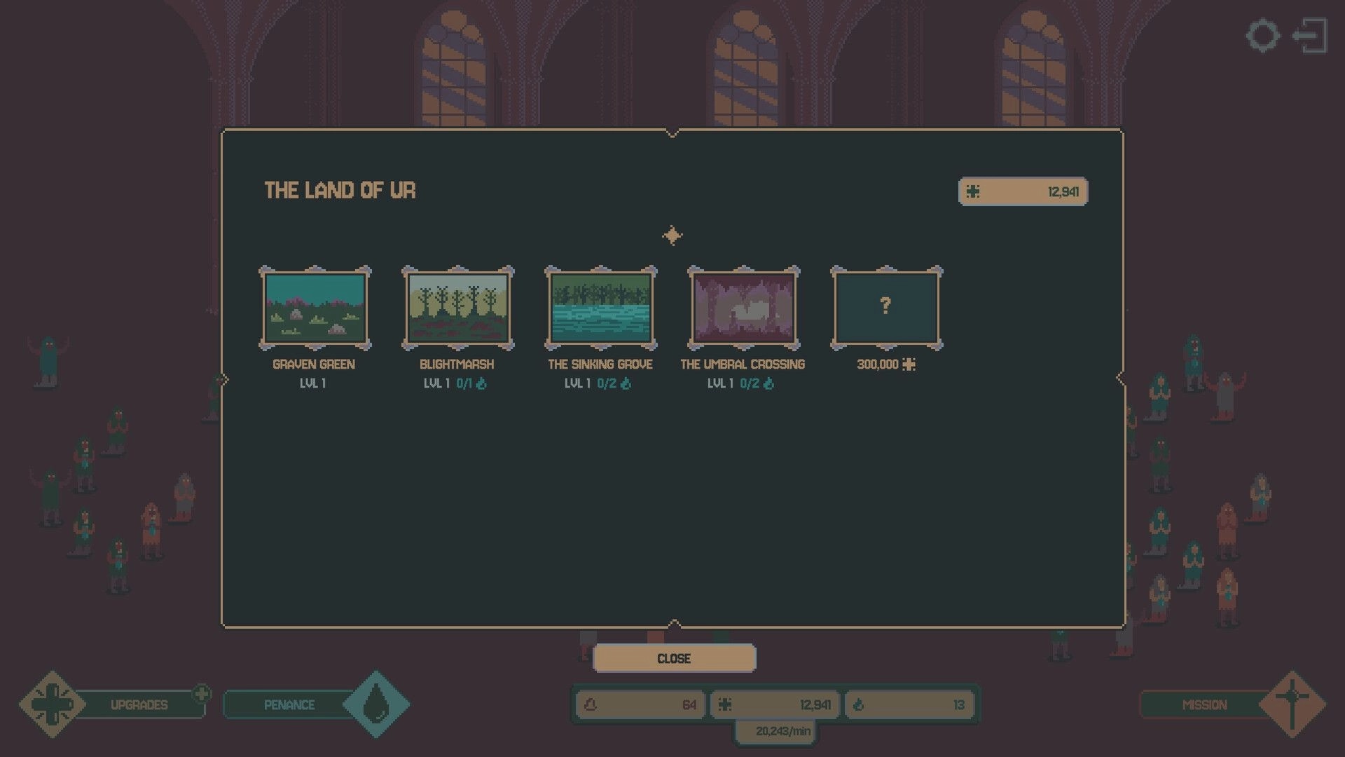 Idle Chapel: Level selection screen displaying "The Land of Ur" with various locations and resources
