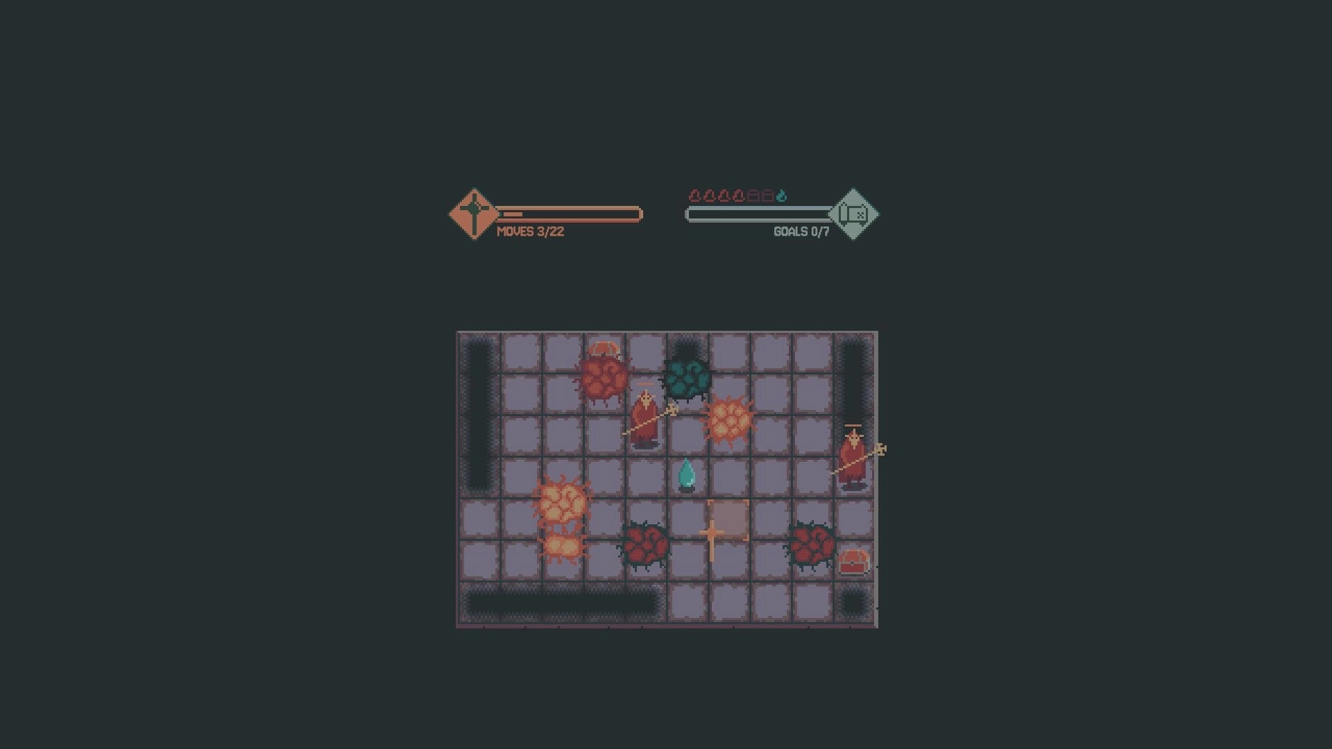Idle Chapel: Player navigating grid with cultists and treasure chest in dungeon setting
