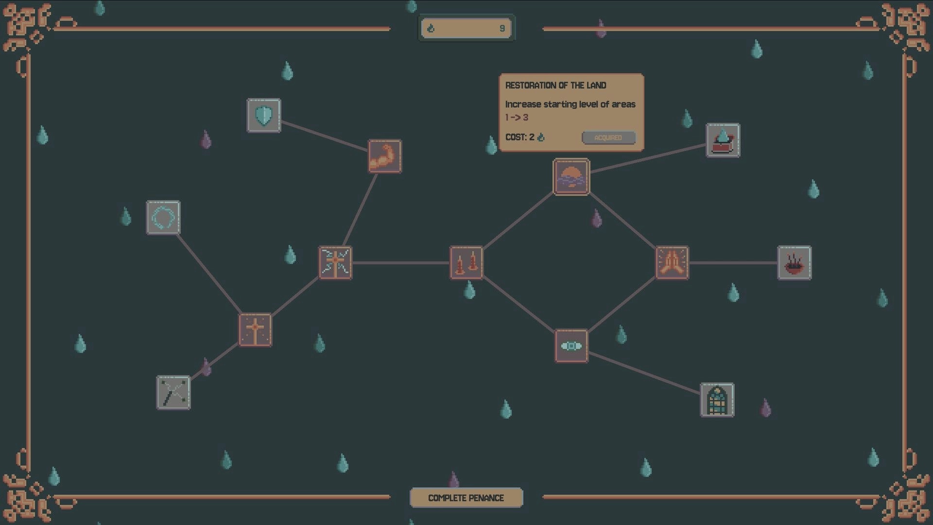 Idle Chapel: Skill tree interface with various upgrade icons and tooltips on dark fantasy backdrop