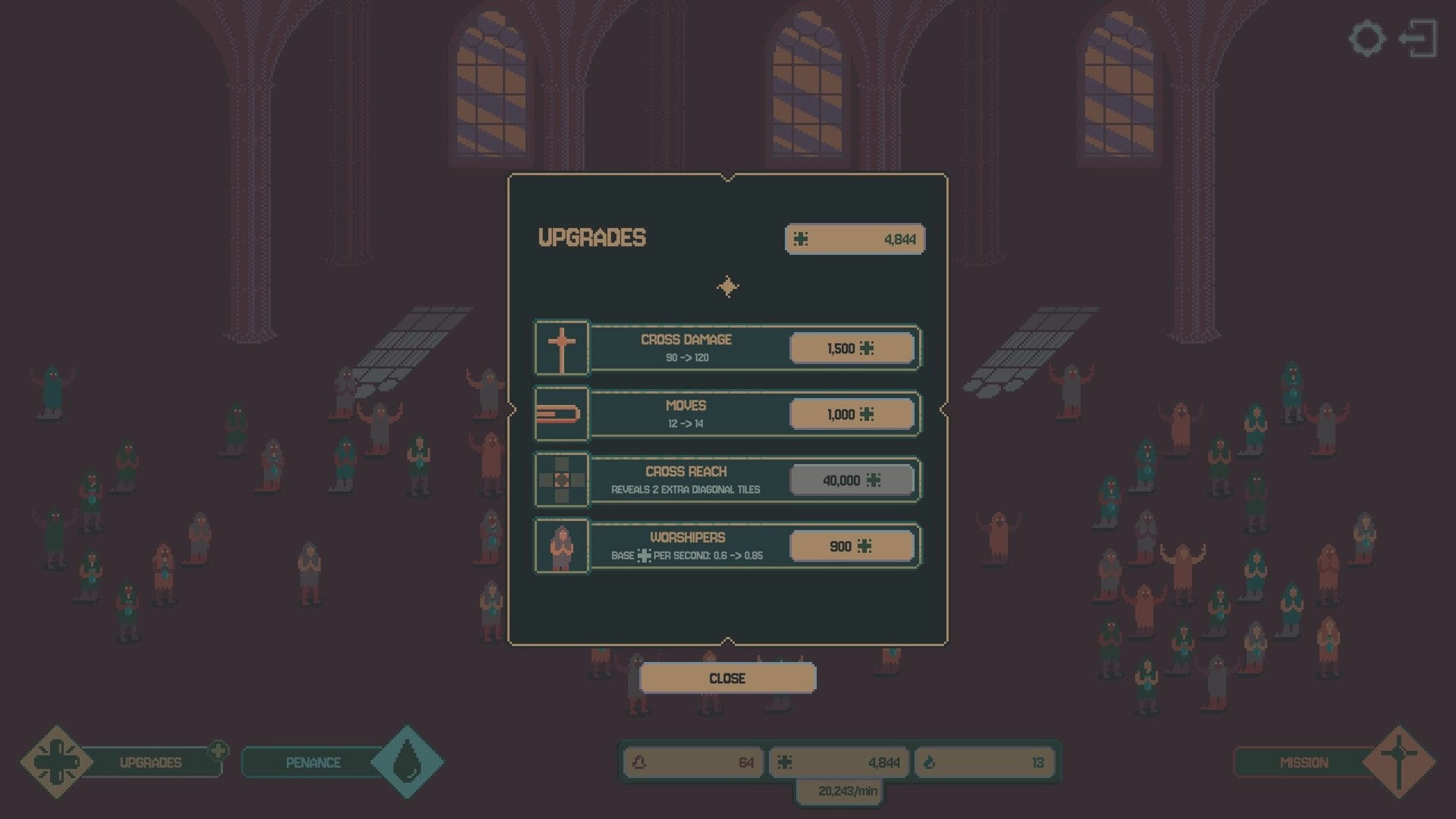 Idle Chapel: Upgrade menu displayed in a dark chapel with various cultist characters visible in the background.
