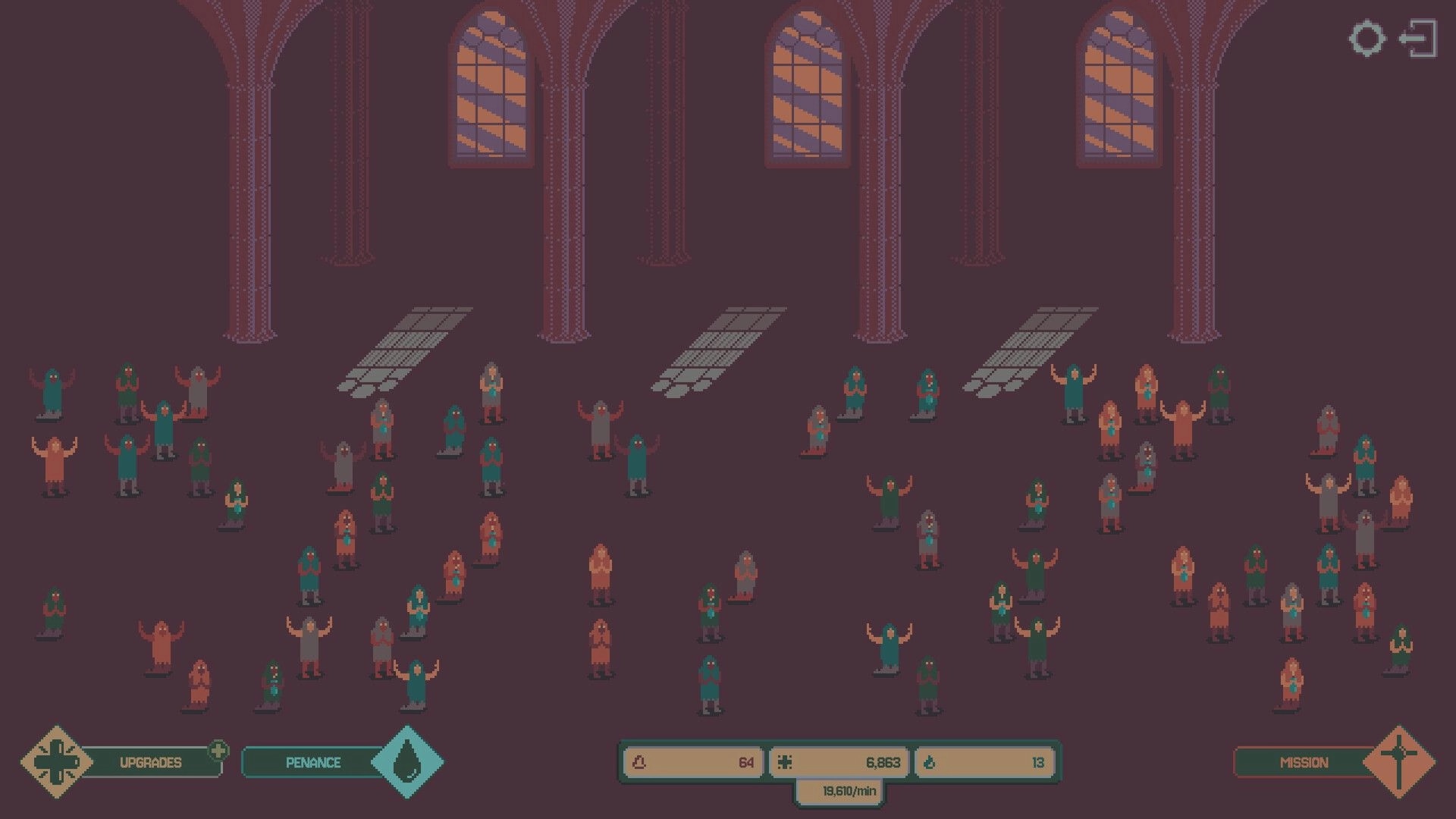 Idle Chapel: Worshipers gather in dark chapel with upgrades, penance options, and mission button visible.