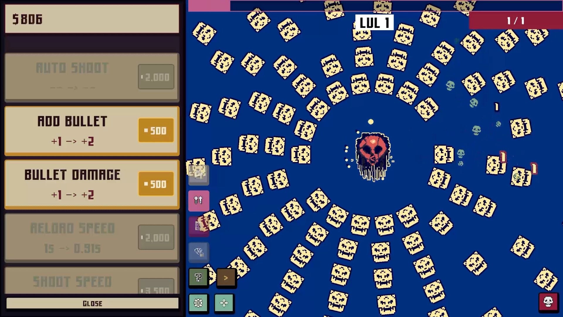 Idle Cult: Upgrade shop open with add bullet and damage buttons during skull orb battle arena.
