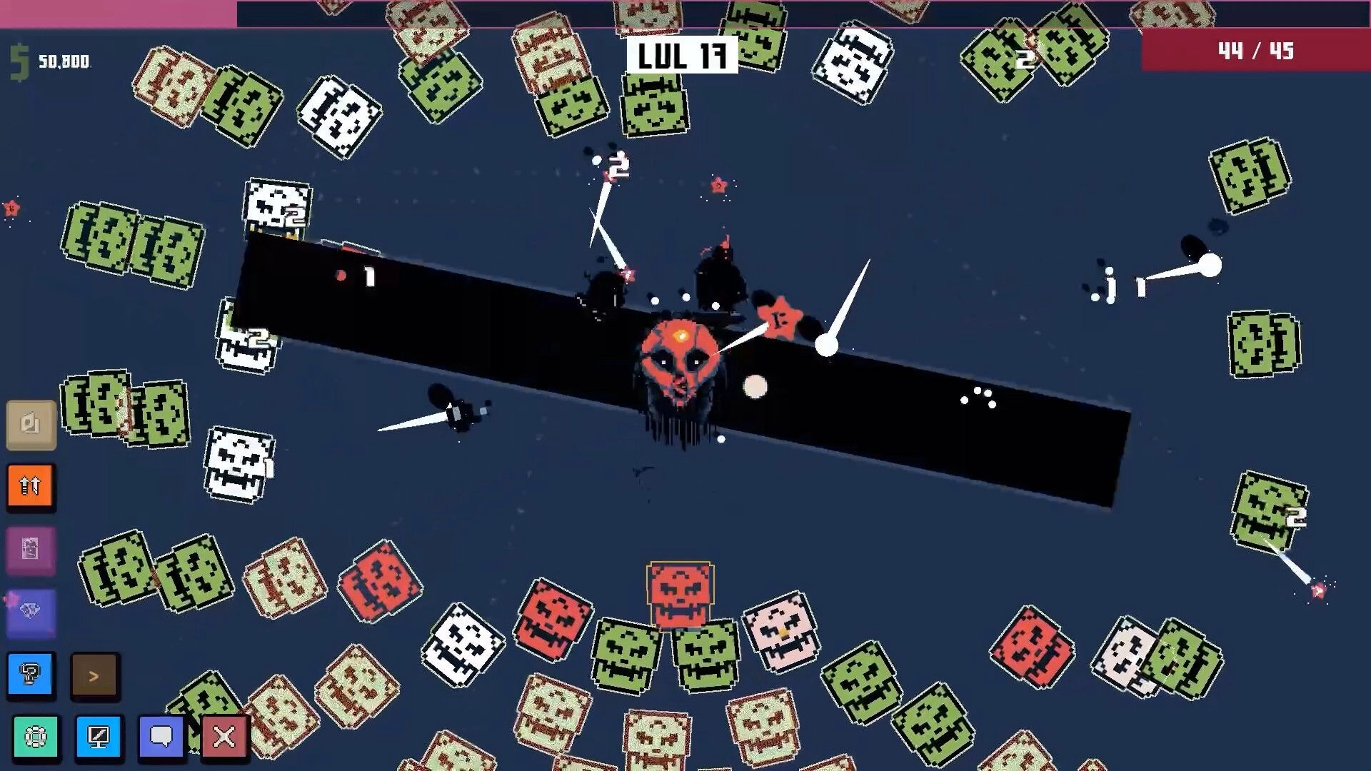 Idle Cult: Orb projectiles hitting a red skull boss amid swarming pixel bricks on level 17 arena.