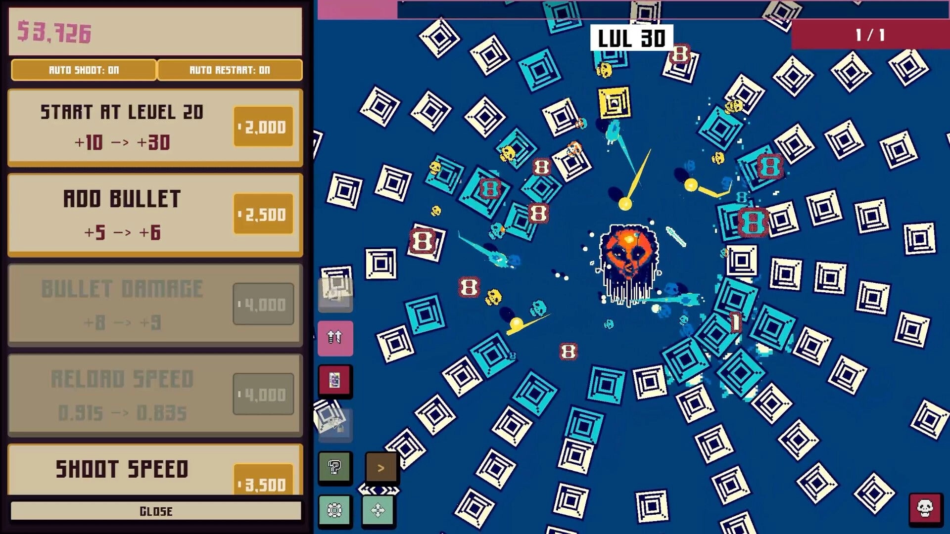 Idle Cult: Upgrade menu open as bullets orbit and hit spiral bricks around a skull boss arena, Lvl 30.
