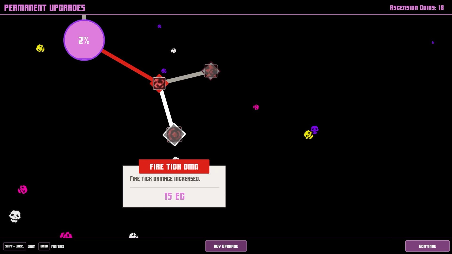 Idle Cult: Permanent upgrades skill tree with Fire Tick DMG node selected on dark background UI.