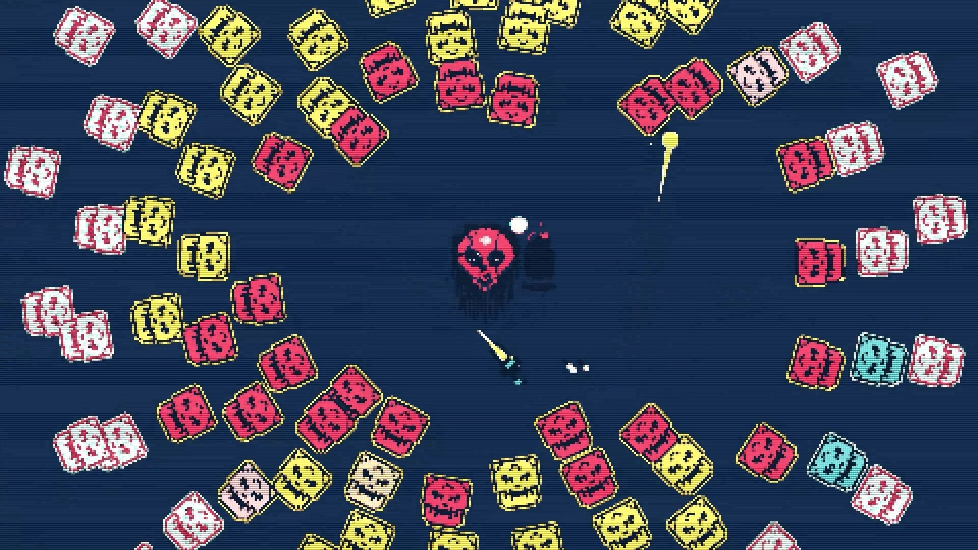 Idle Cult: Dark orb avatar dodging swarming red and yellow skull bricks on a blue arena screen.