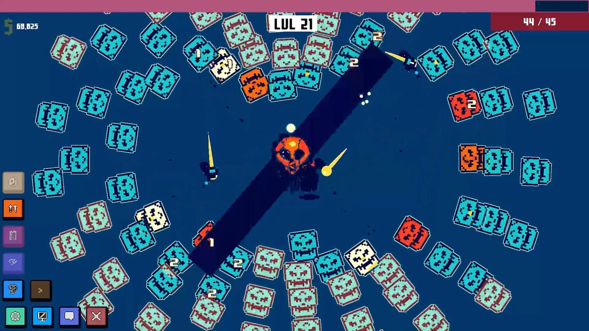 Idle Cult: Orb attacks swarms of numbered bricks around a dark pillar arena, LVL 21 UI at top.