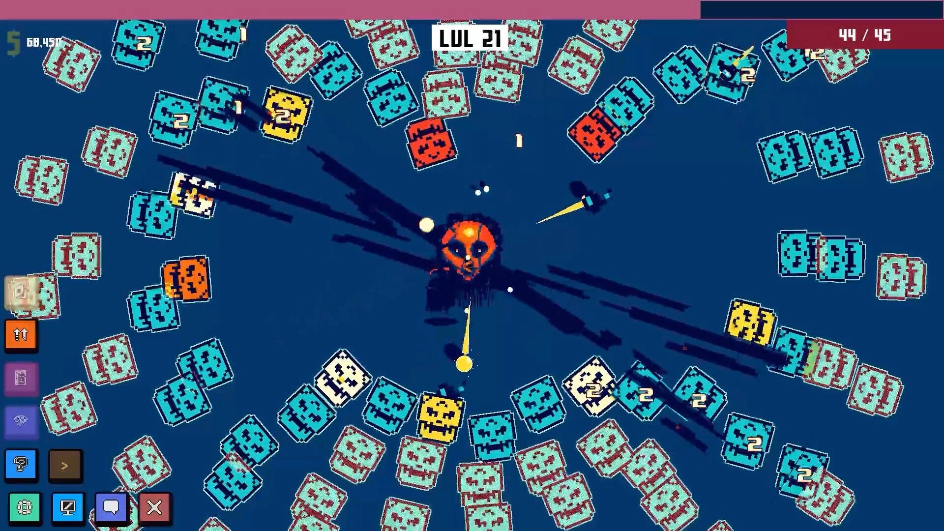 Idle Cult: Orb fires shots through swarming numbered bricks on a blue arena with LVL 21 UI bar.