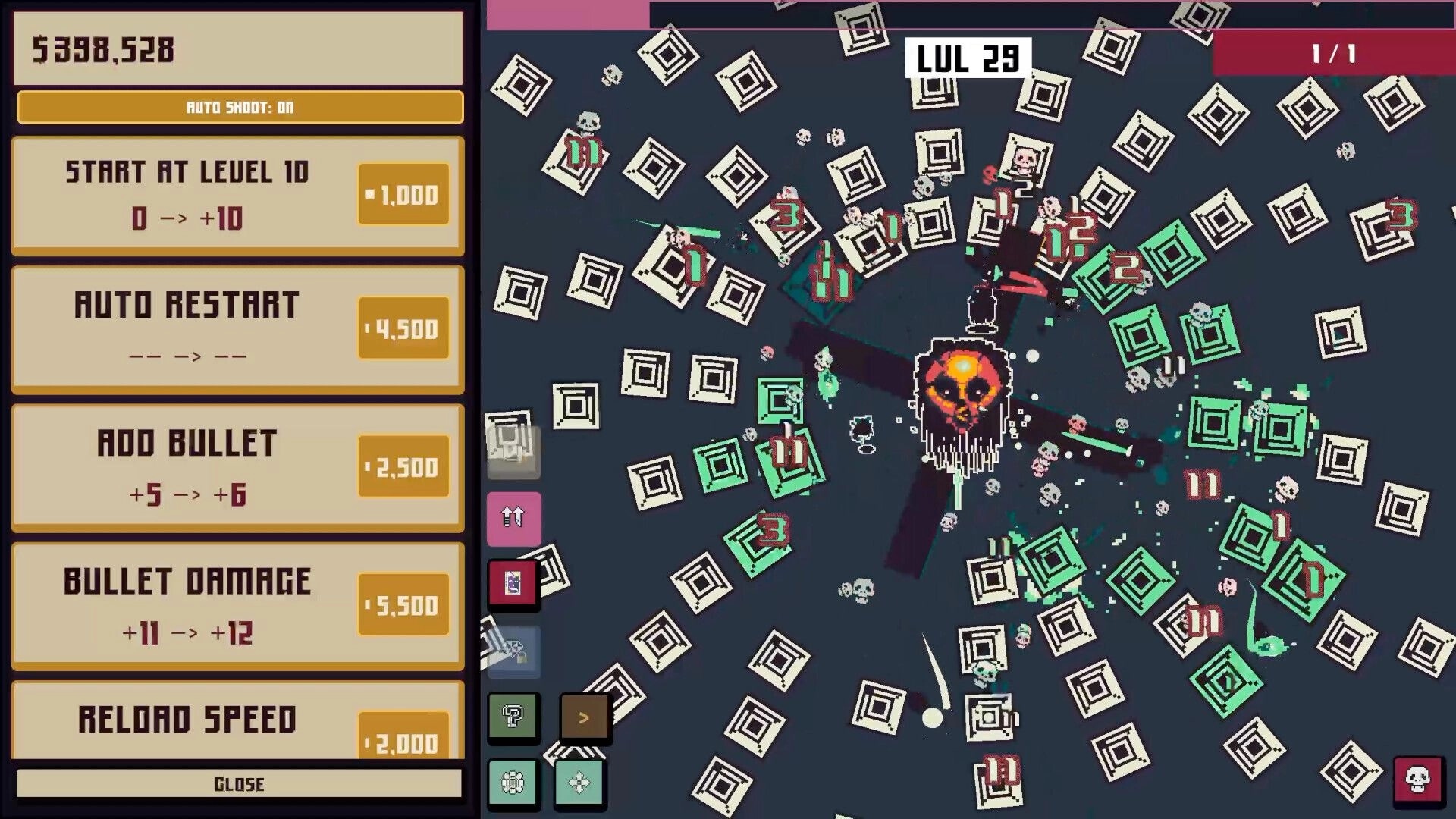 Idle Cult: Upgrade menu open beside orb shooting waves of square bricks and skulls in dark arena.