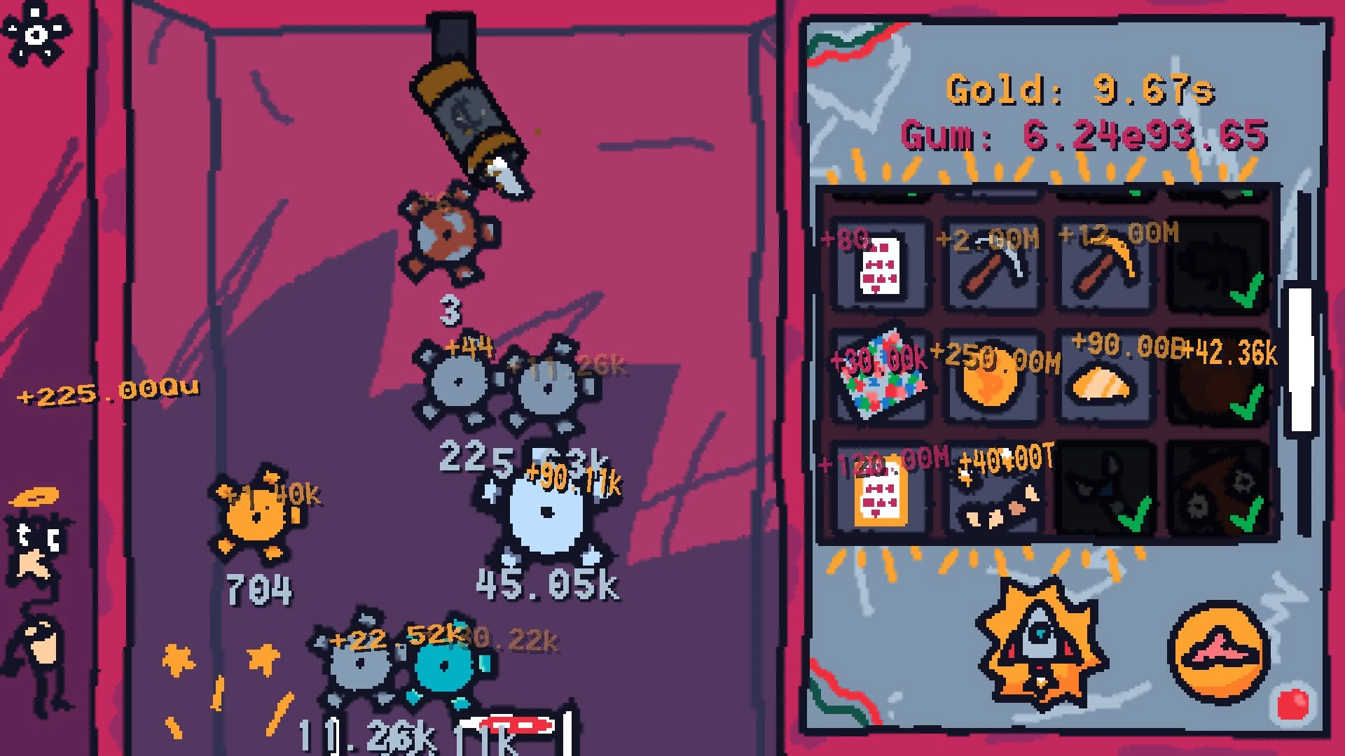 Idle Gumball Machine: Gumball launcher dropping balls on spinning gears, upgrade menu on the right.