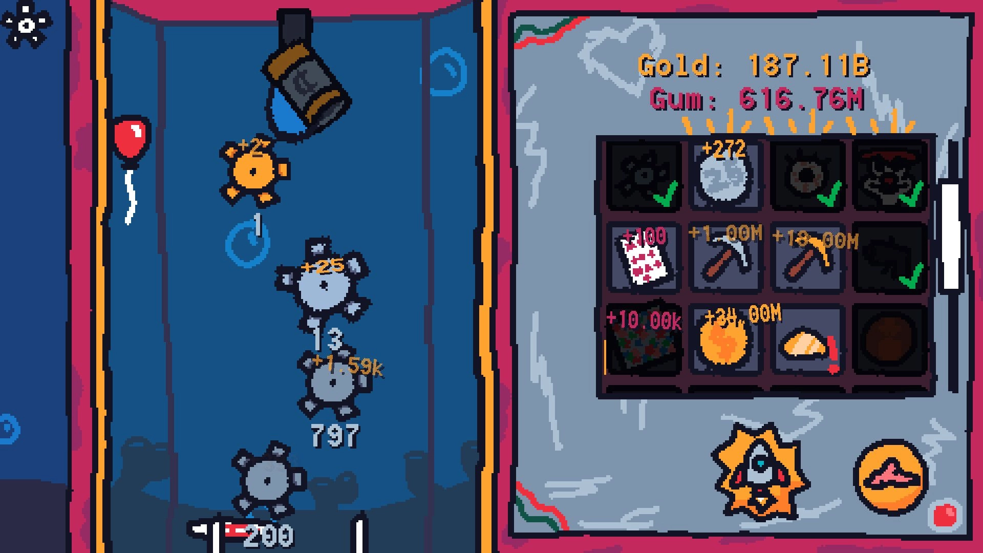 Idle Gumball Machine: Gumballs hit gears generating gold with upgrade menu showing gold and gum stats