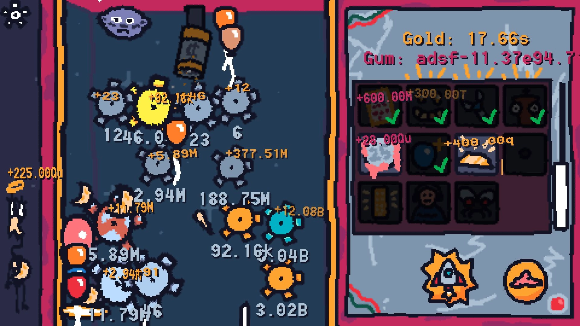 Idle Gumball Machine: Gumballs dropping on gears with upgrade panel, displaying gold and gum stats