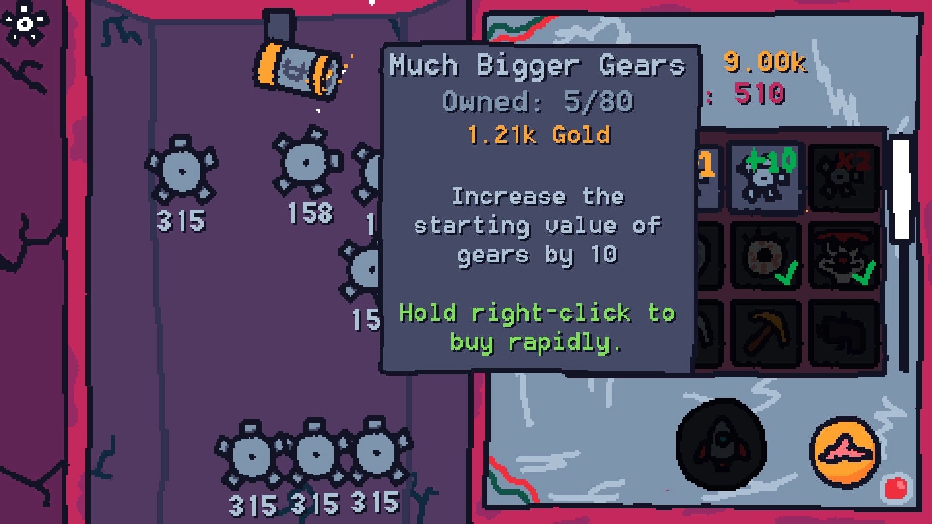 Idle Gumball Machine: Upgrade menu displaying gear values and purchase options with colorful UI elements.