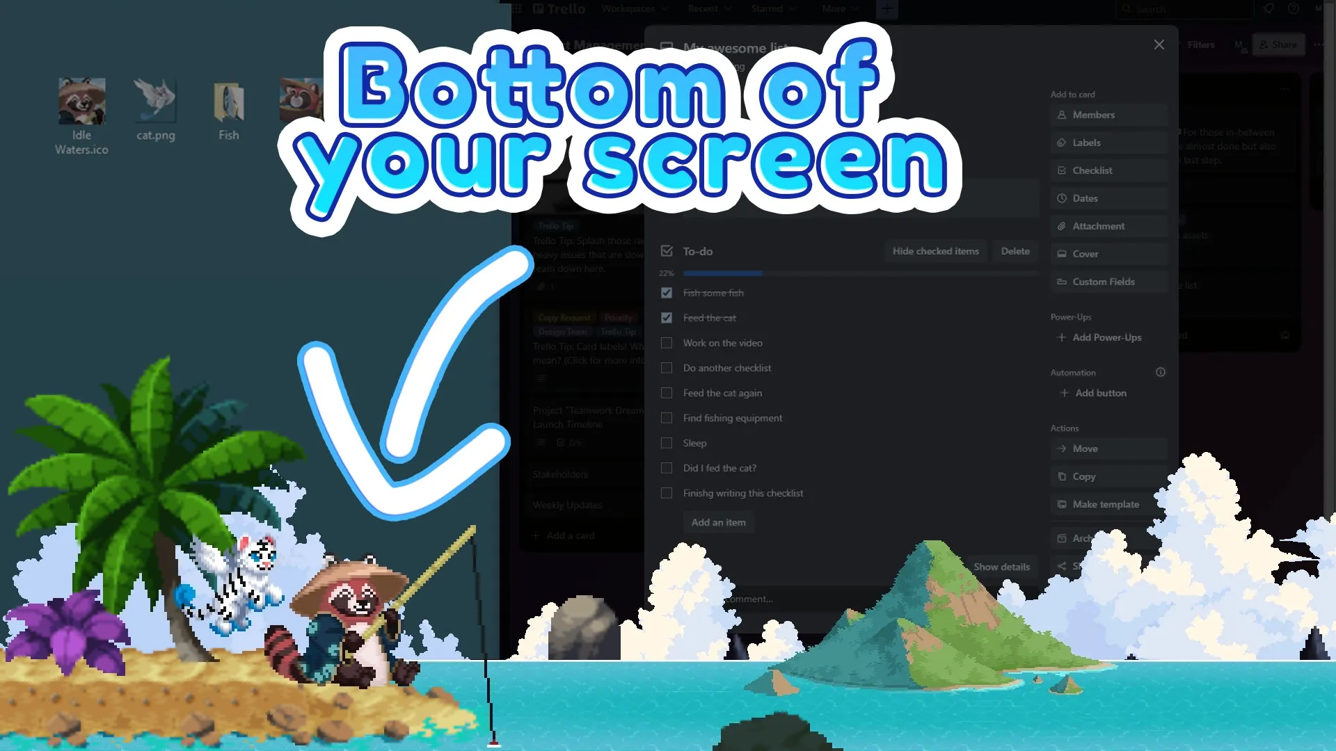 Idle Waters: Raccoon fishing on island with palm tree and clouds at screen bottom