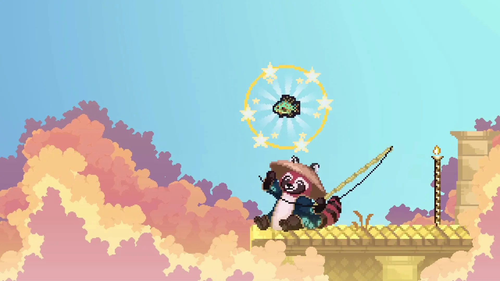 Idle Waters: Raccoon character fishing on a cloud platform with a glowing fish in the sky above.