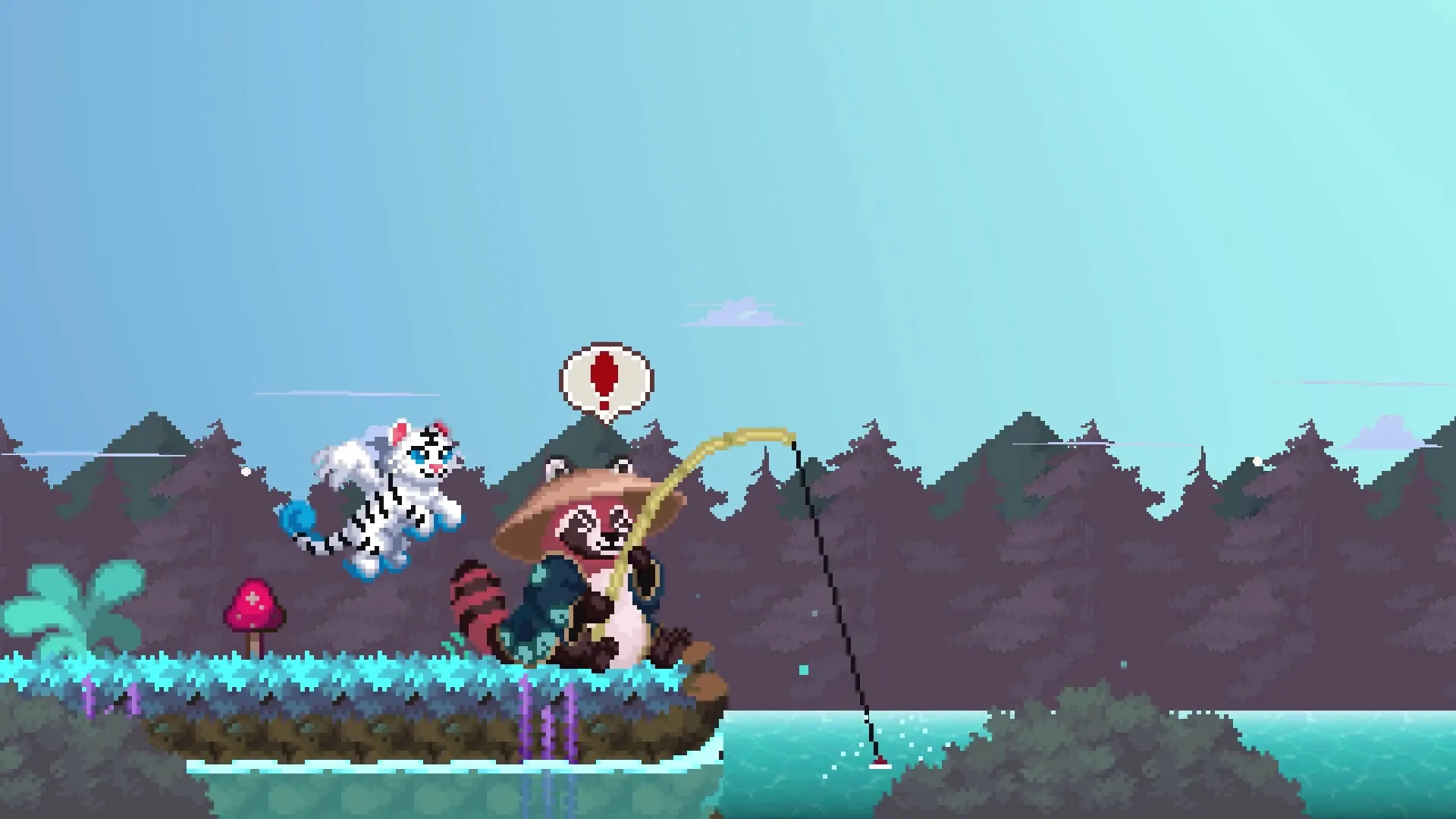 Idle Waters: Raccoon fishing on a forest island with excited tiger companion and alert icon above