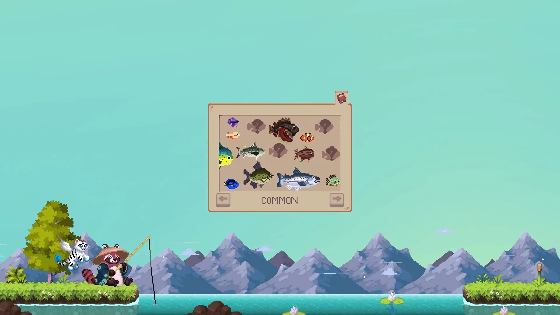 Idle Waters: Fishing raccoon with display of common collected fish in a serene mountain lake setting