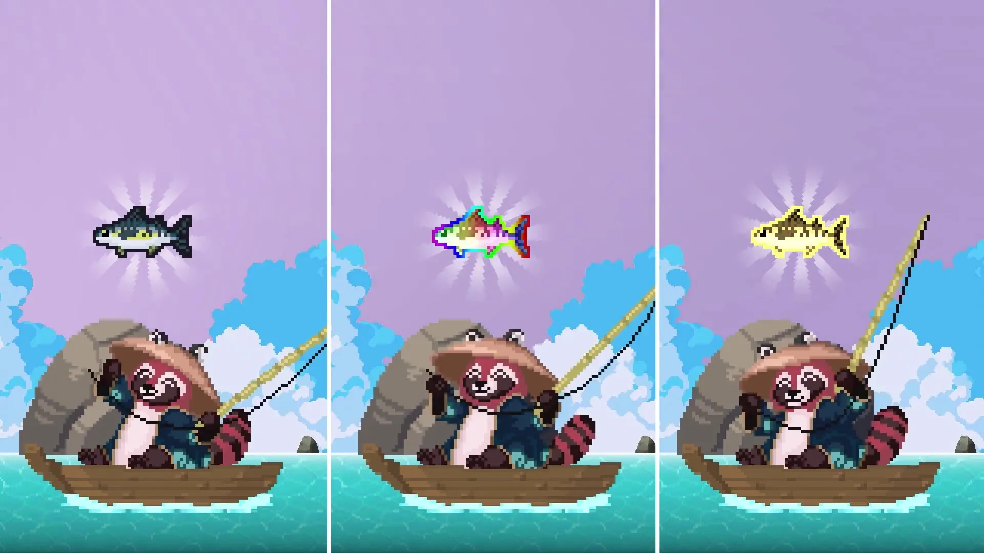 Idle Waters: Raccoon fishing on boat catching colorful fish under a bright sky with clouds