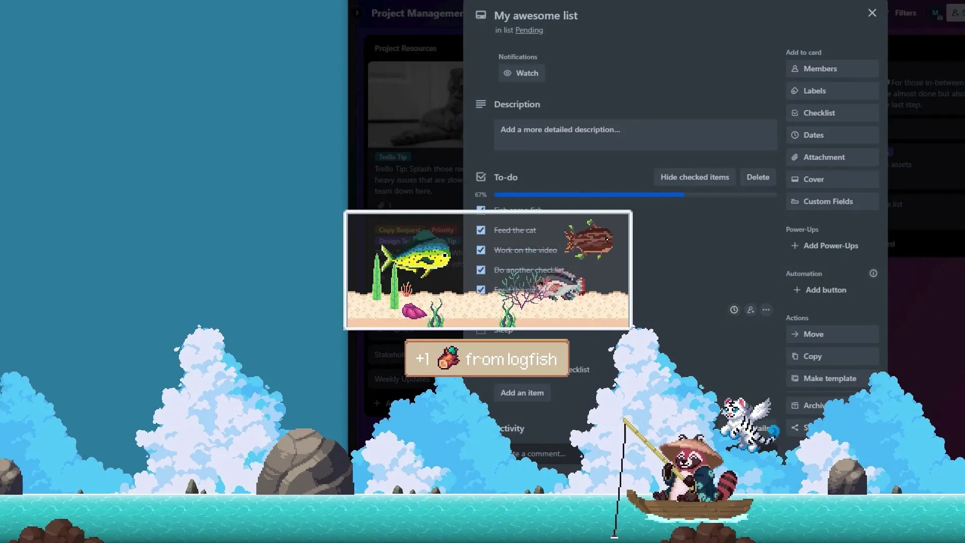 Idle Waters: Raccoon fishing on boat with fish tank display over ocean backdrop and checklist interface.