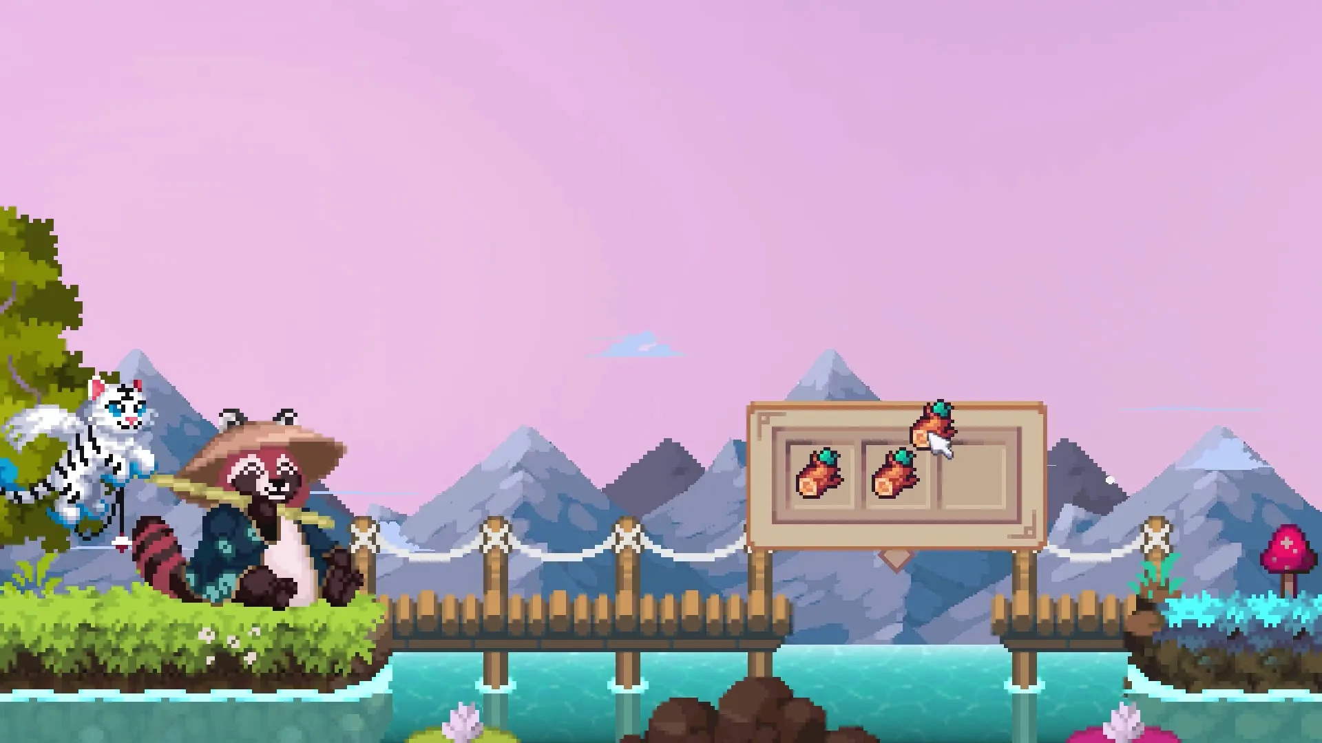 Idle Waters: Fishing raccoon with a board of caught fish in a serene mountain lake setting
