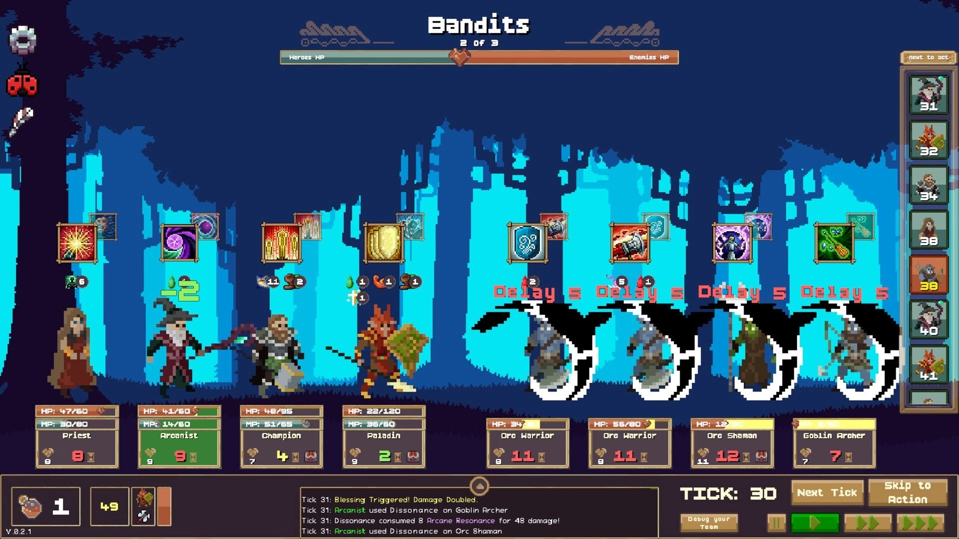 IF Enemy: Party battles bandits in a blue forest, skill icons above units and turn order panel on right.