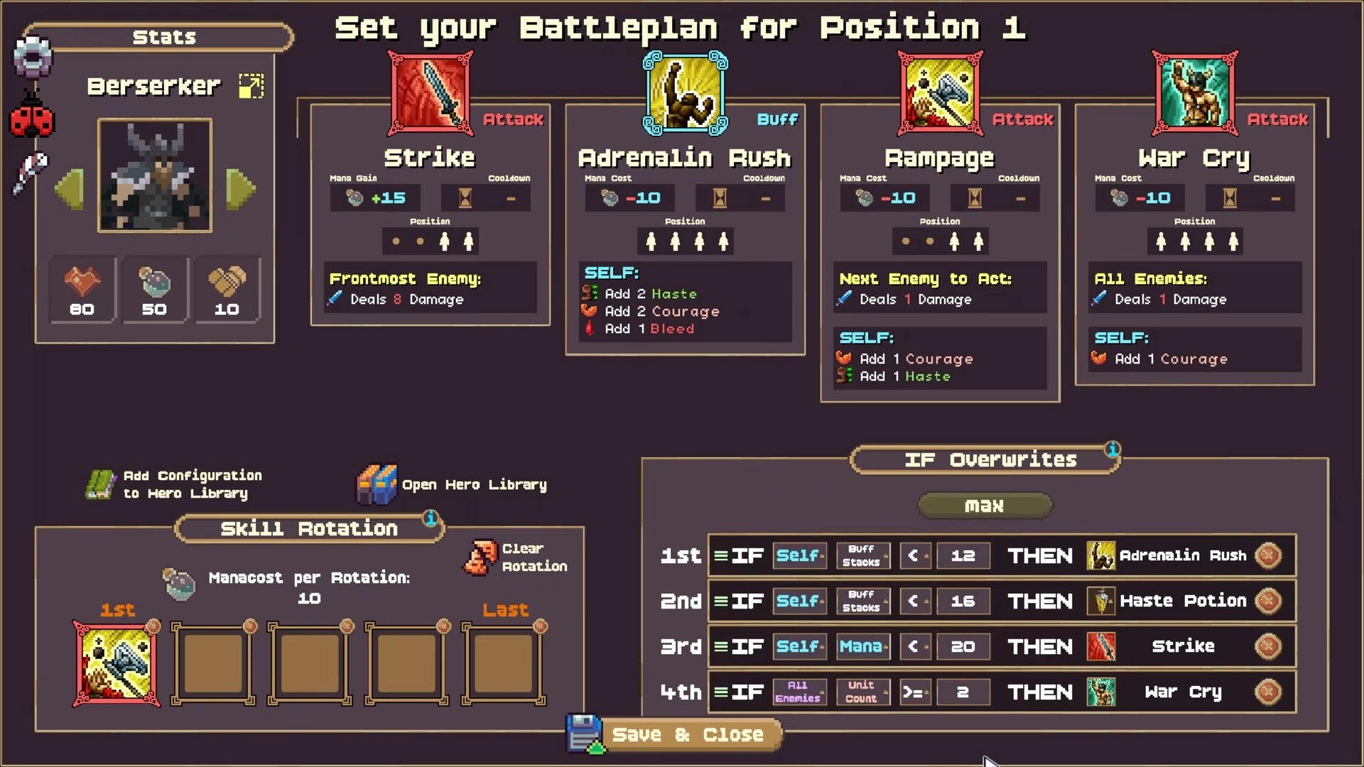 IF Enemy: Berserker battleplan editor with Strike, Adrenalin Rush, Rampage, War Cry IF rules.