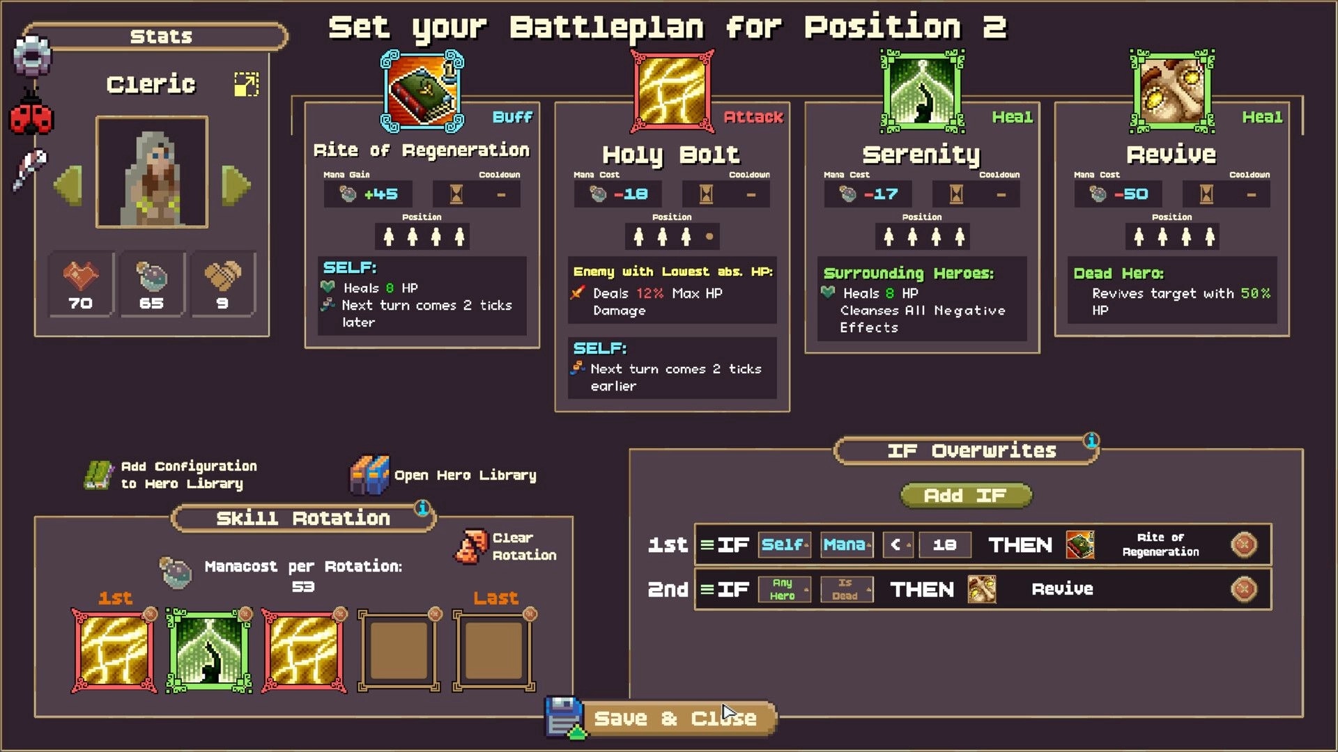 IF Enemy: Cleric battleplan editor with Holy Bolt, Serenity, Revive cards and IF-THEN rotation UI.