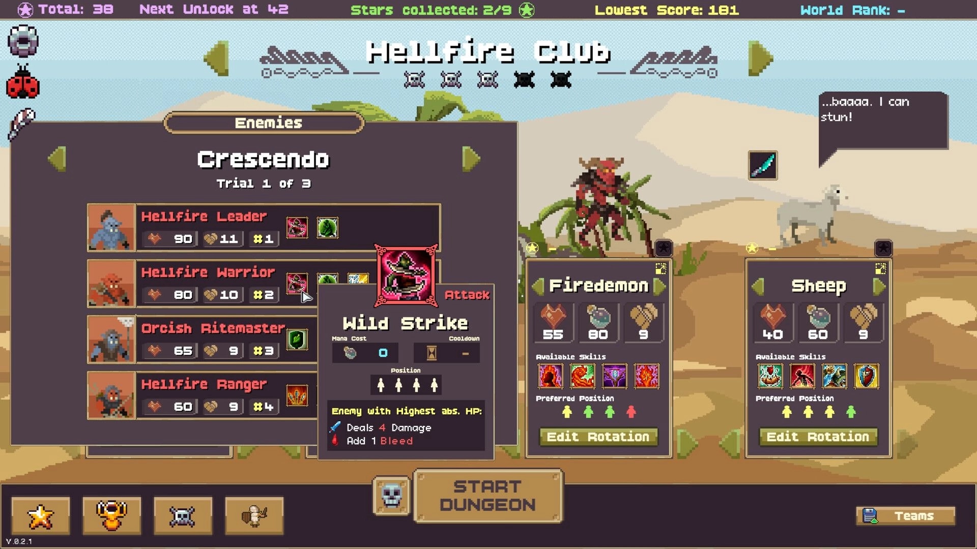 IF Enemy: Hellfire Club enemy list and Wild Strike tooltip beside Firedemon and Sheep in desert UI.