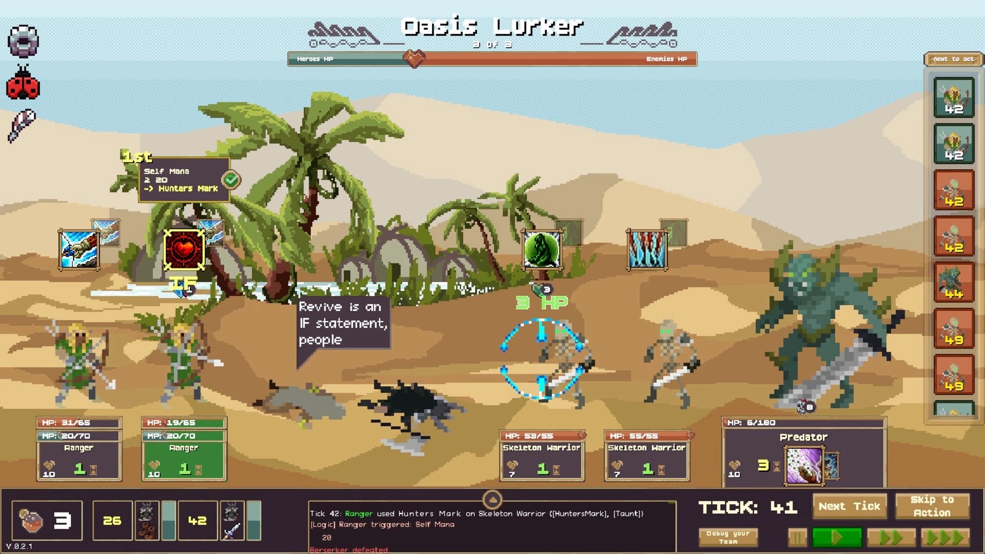 IF Enemy: Desert battle UI with two rangers facing skeleton warriors and a lizard Predator, tick 41.