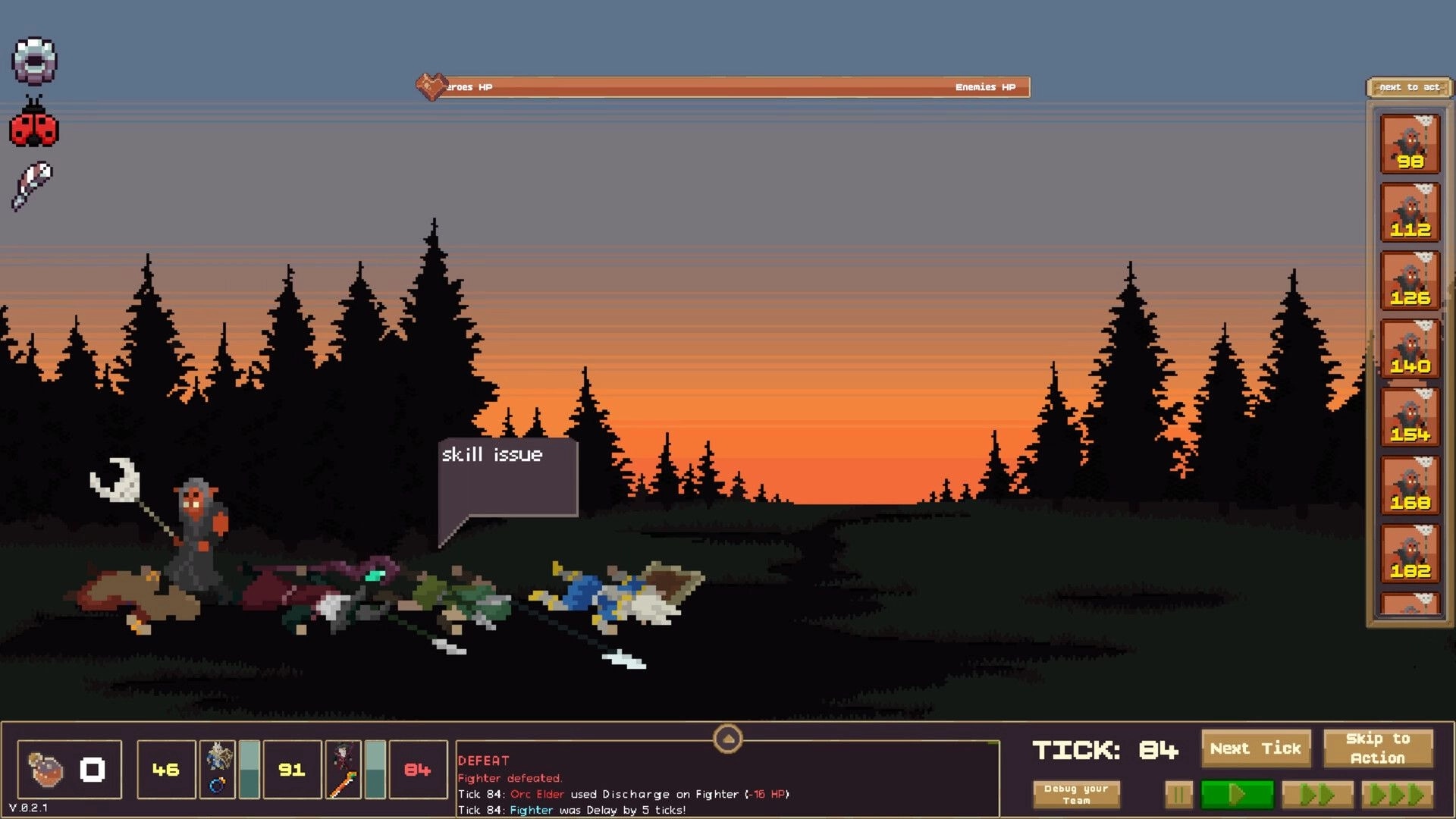 IF Enemy: Defeat screen with fallen heroes and speech bubble, sunset forest battlefield UI and tick bar.
