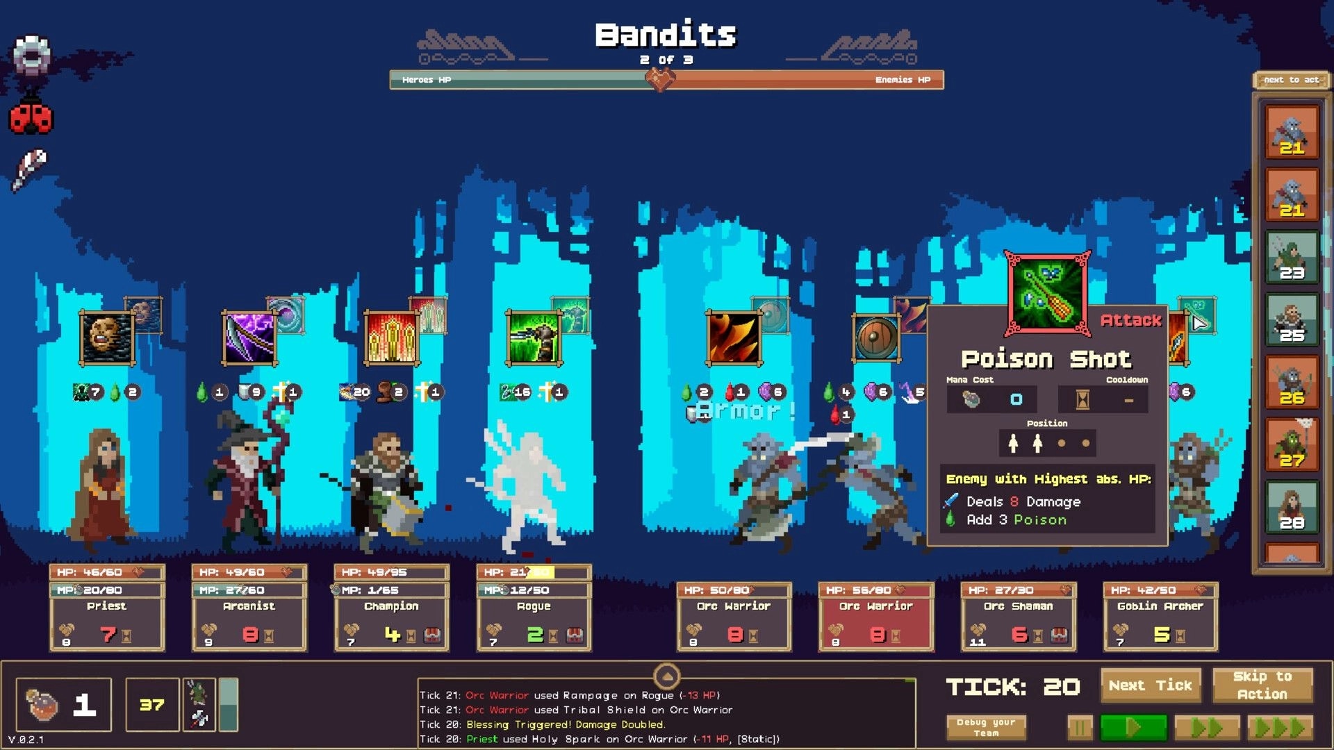 IF Enemy: Poison Shot attack tooltip open during Bandits battle with heroes vs orcs and goblin UI.