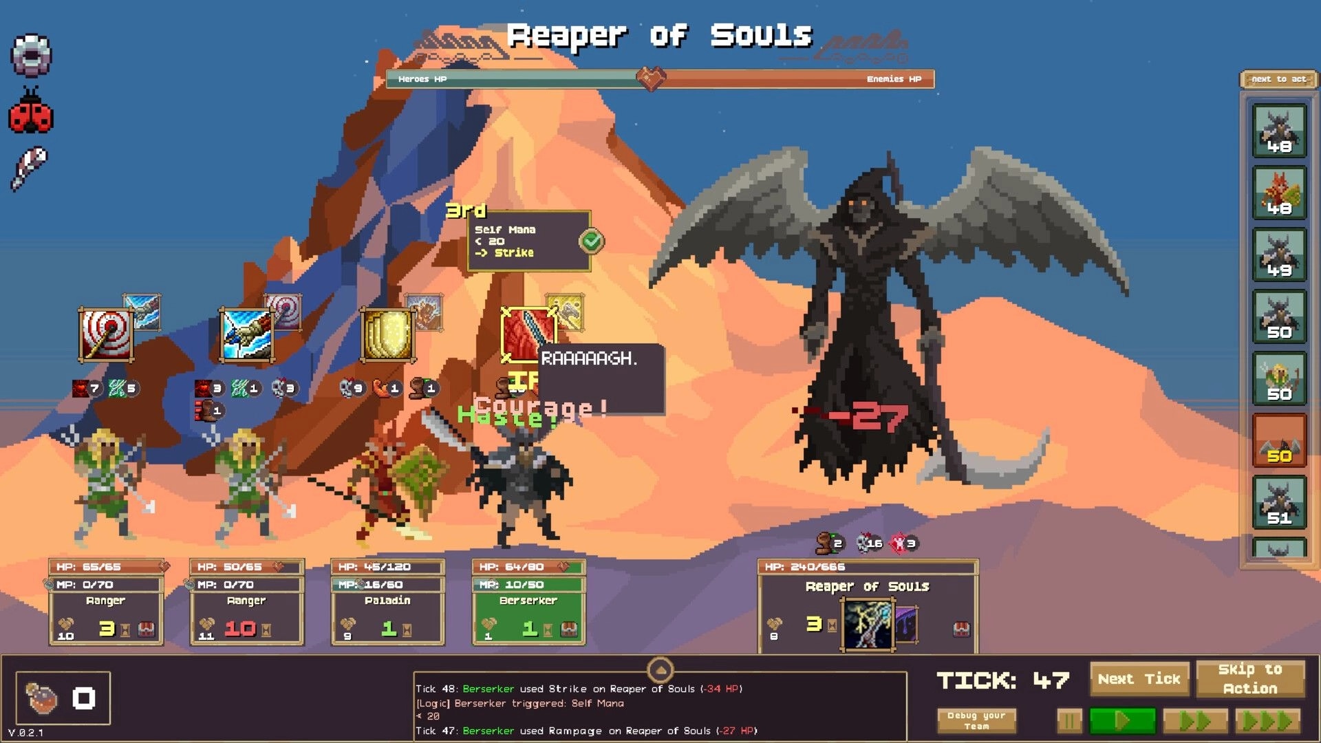 IF Enemy: Party auto-battle vs Reaper of Souls boss, skill cards and HP bars over desert cliffs.