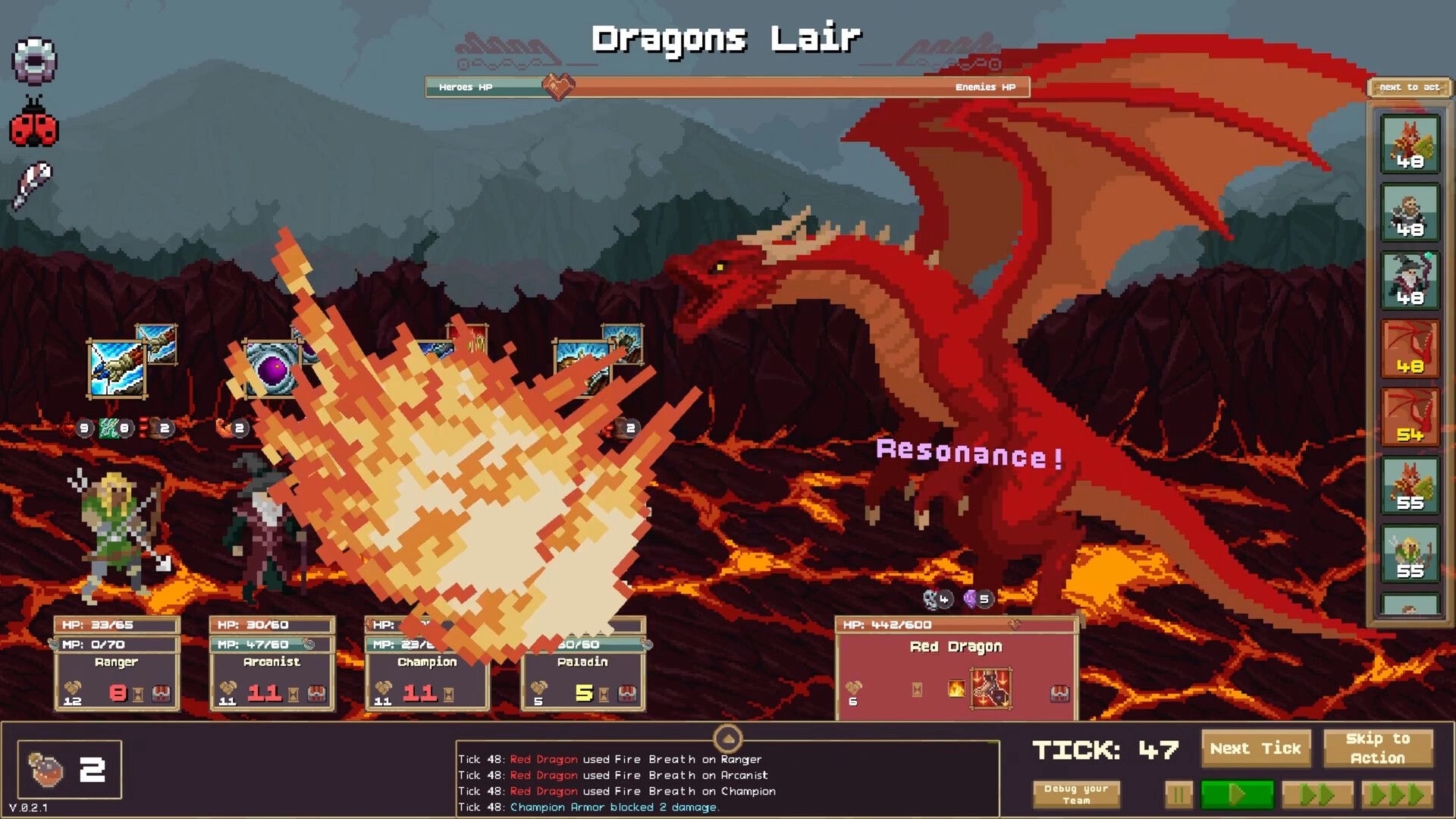 IF Enemy: Red Dragon battle with fire blast, hero HP panels and tick log in lava lair UI.