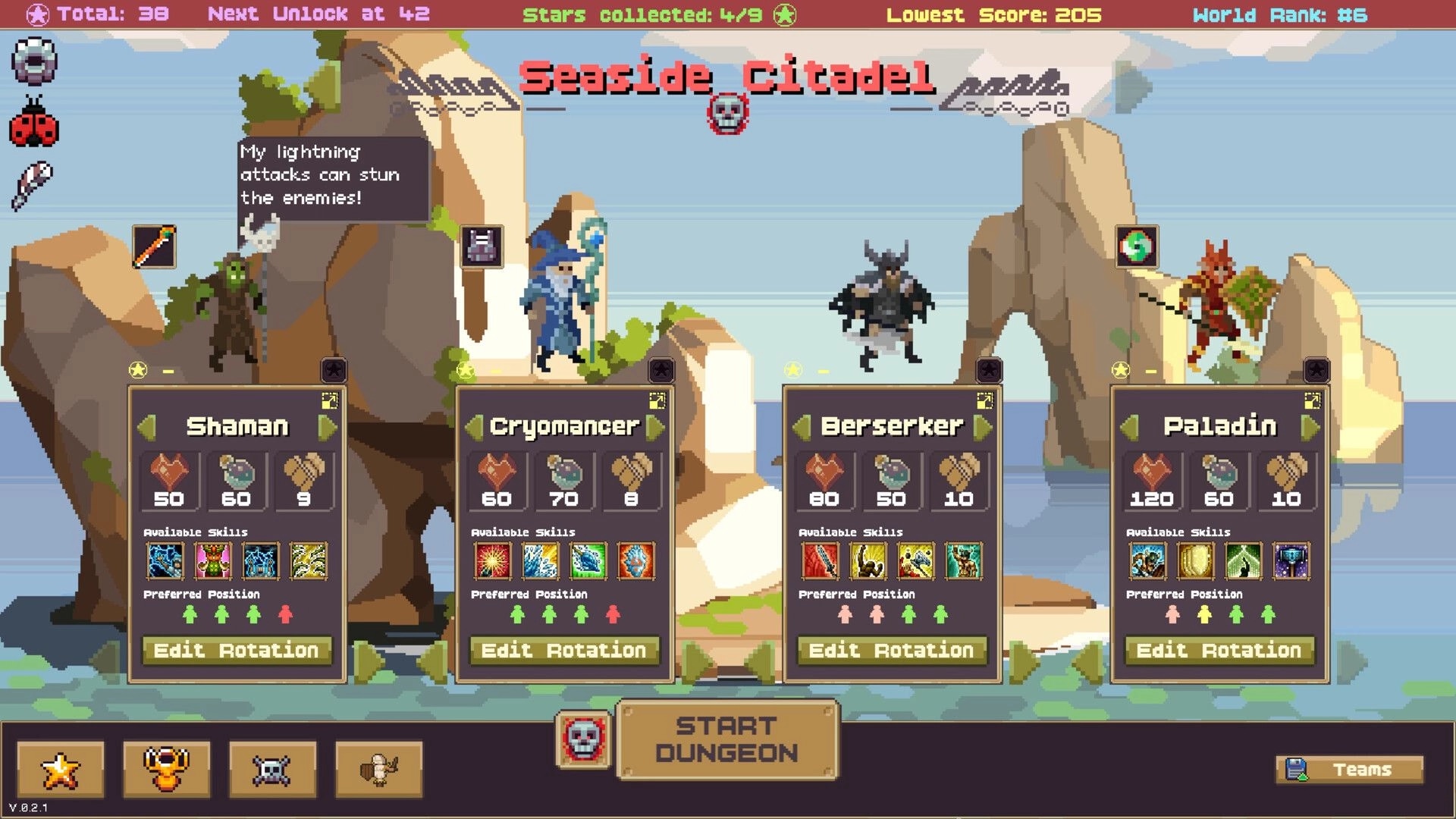 IF Enemy: Party setup screen with Shaman, Cryomancer, Berserker, Paladin at Seaside Citadel cliffs.
