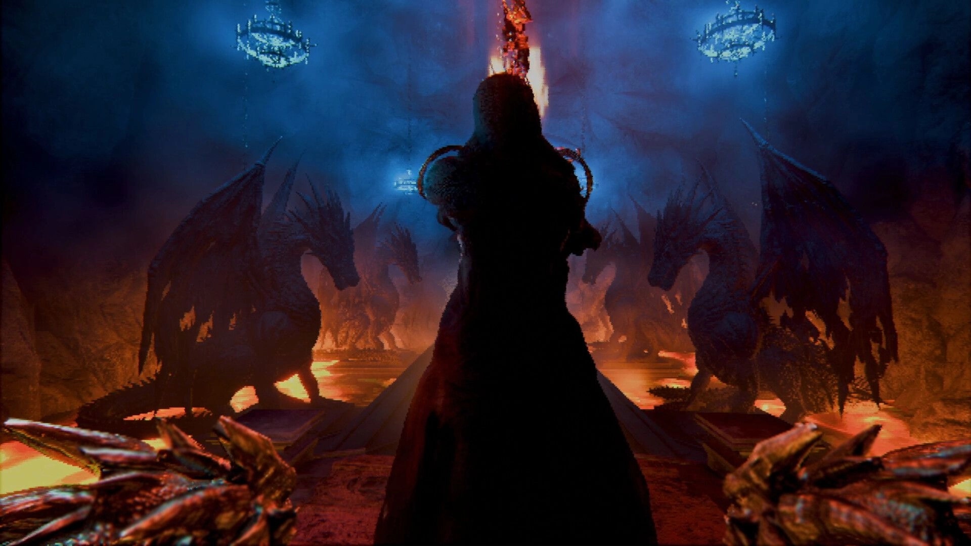 Ignite the Depths: Hooded figure faces two dragon statues in a torchlit cavern hall with chandeliers.