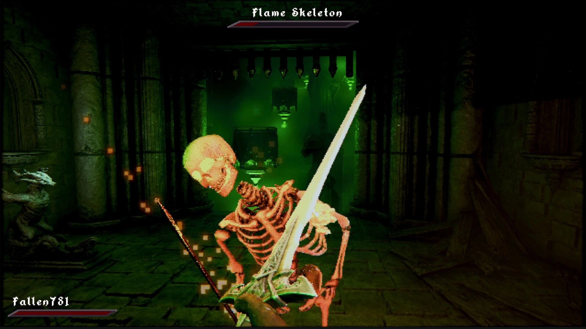 Ignite the Depths: Swordfight with a Flame Skeleton in a green-lit stone corridor, boss bar above.