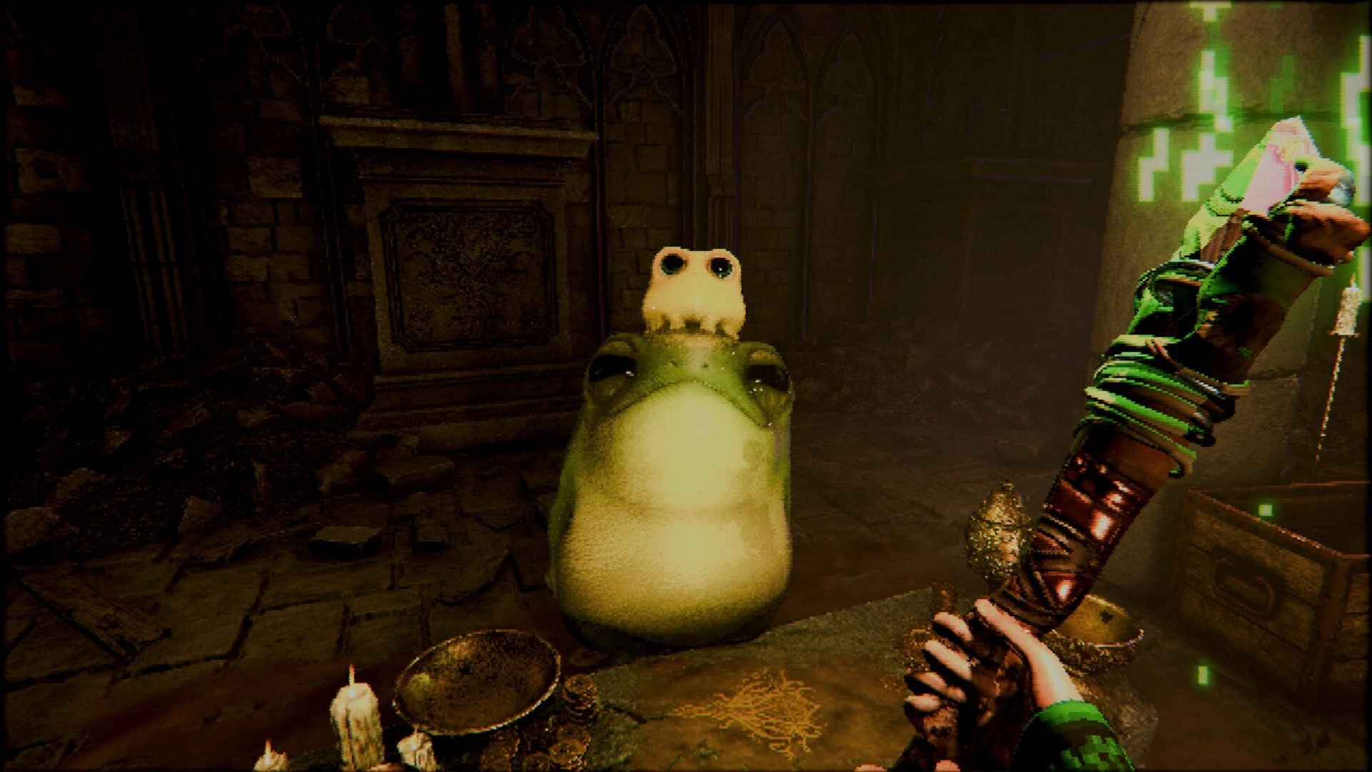 Ignite the Depths: First-person view of a frog idol with tiny creature atop in a dim stone chamber.