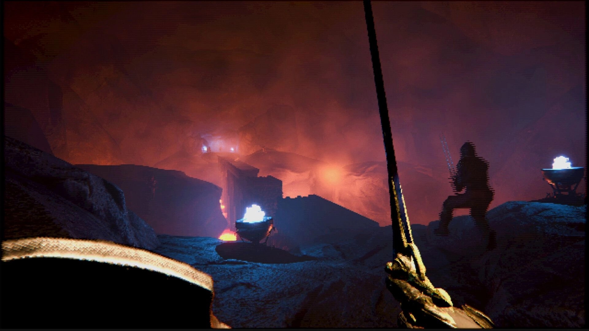 Ignite the Depths: First-person sword raised near blue braziers in a smoky red cavern corridor.
