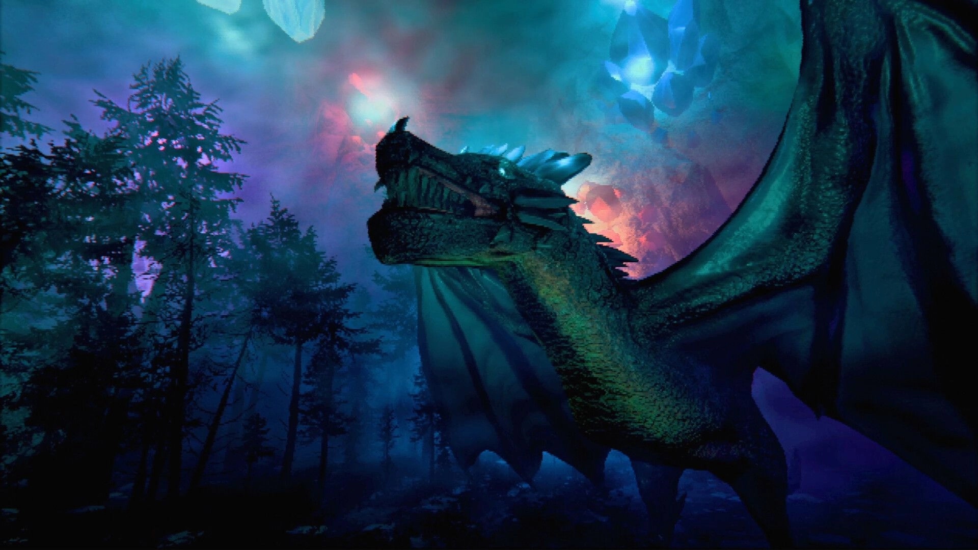 Ignite the Depths: Dragon rears and roars above dark pines under glowing crystals and stormy sky.
