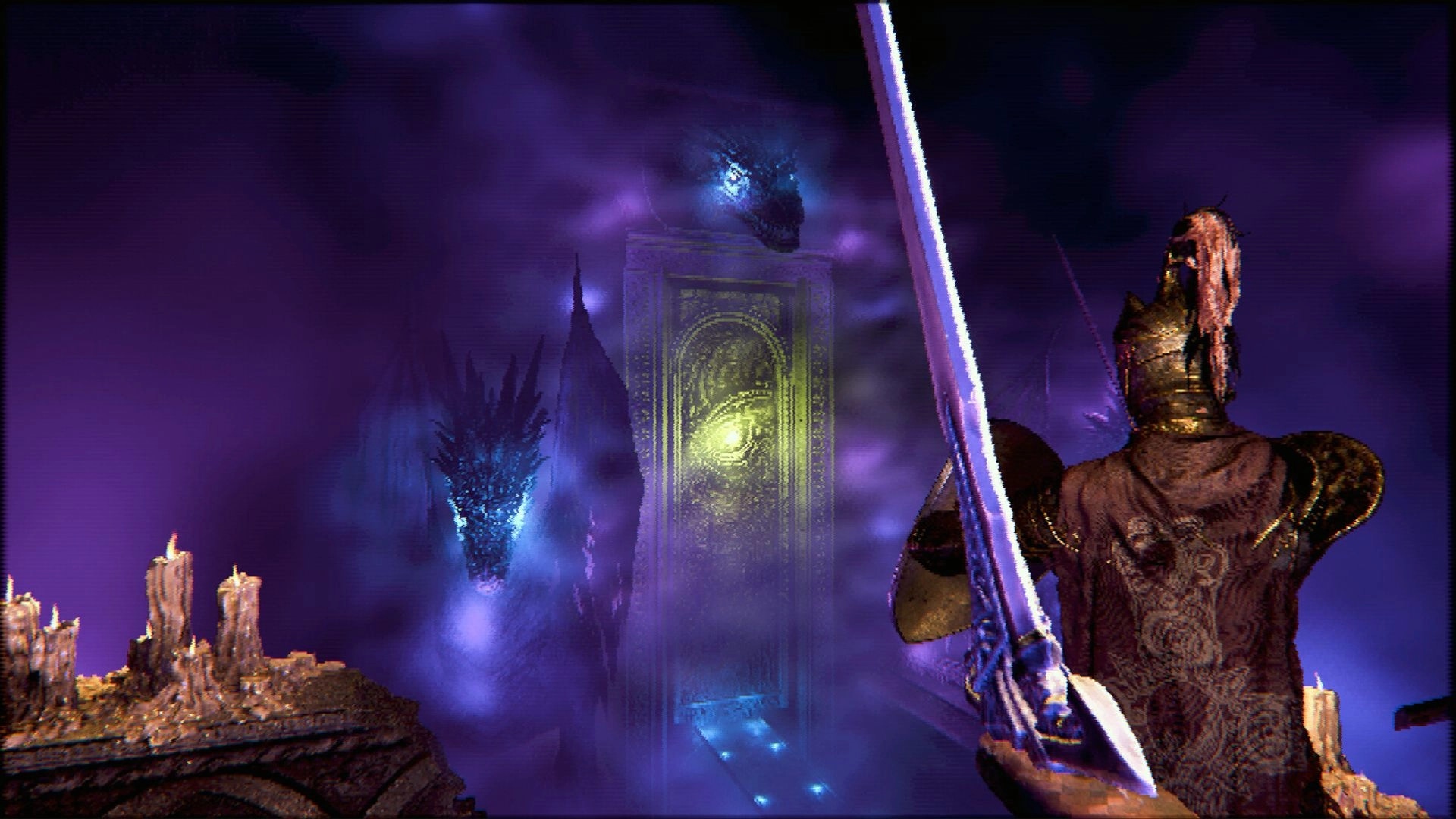 Ignite the Depths: Armored warrior raises a sword toward a glowing door amid purple abyssal fog.