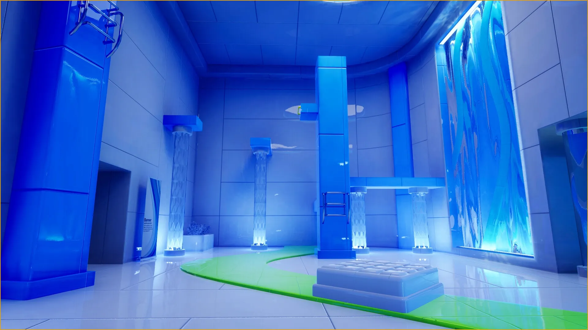 Ikarus Parkour: Blue futuristic room with towering platforms and glowing waterfalls in a sleek interior.