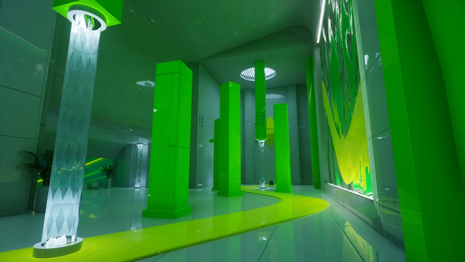 Ikarus Parkour: Bright green pillars with glowing water streams in a futuristic indoor obstacle course