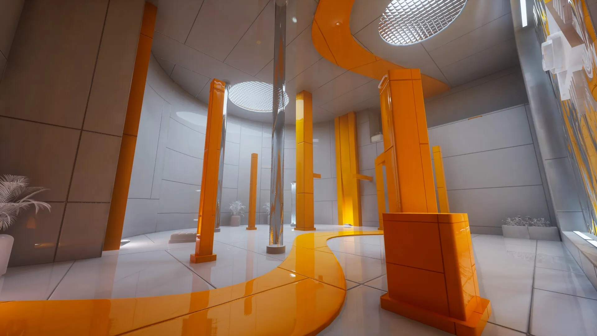 Ikarus Parkour: Brightly lit room with orange pillars and sleek white walls inside the vertical tower