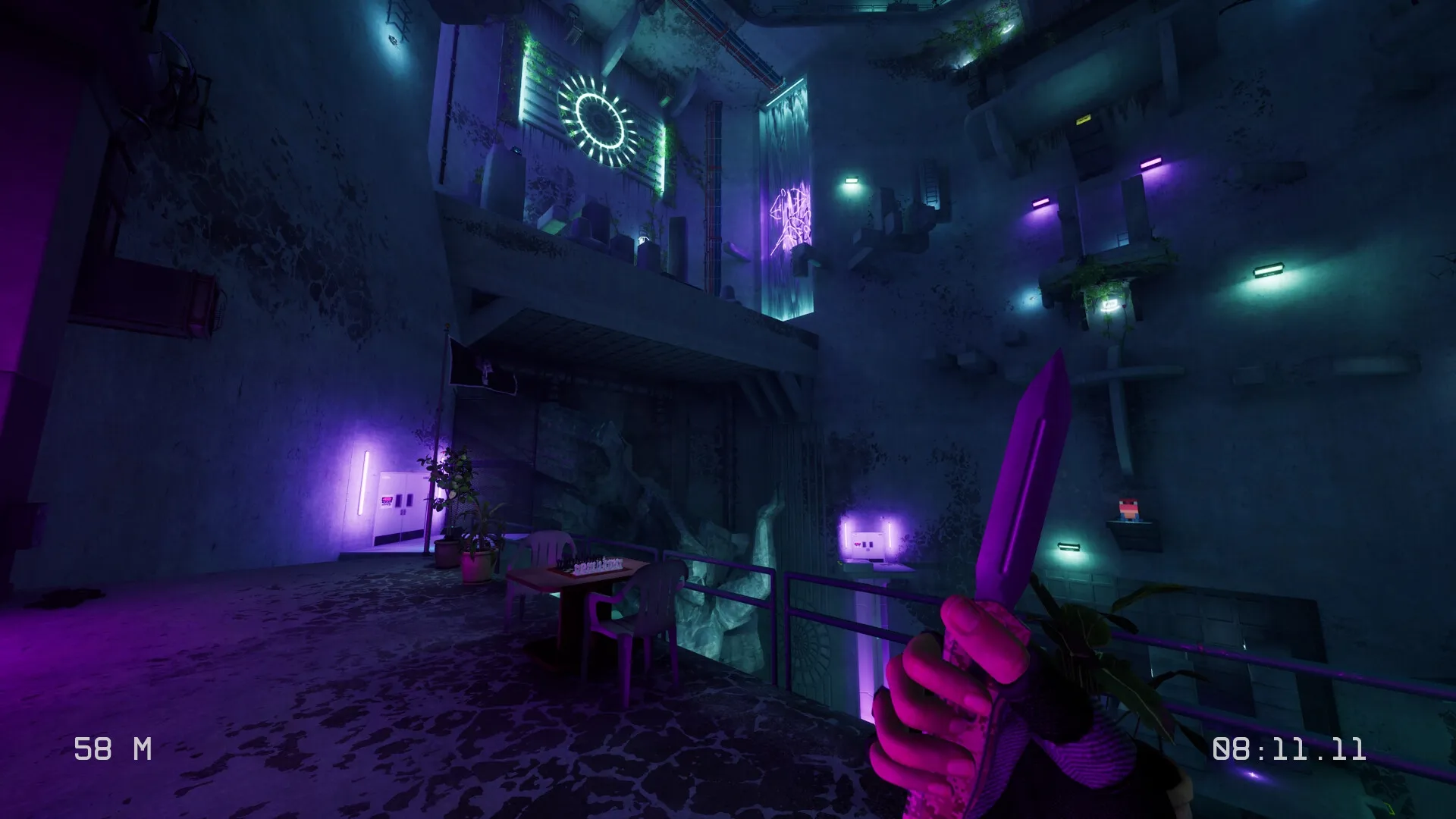 Ikarus Parkour: Player holds a purple knife in a neon-lit indoor area with platforms and plants